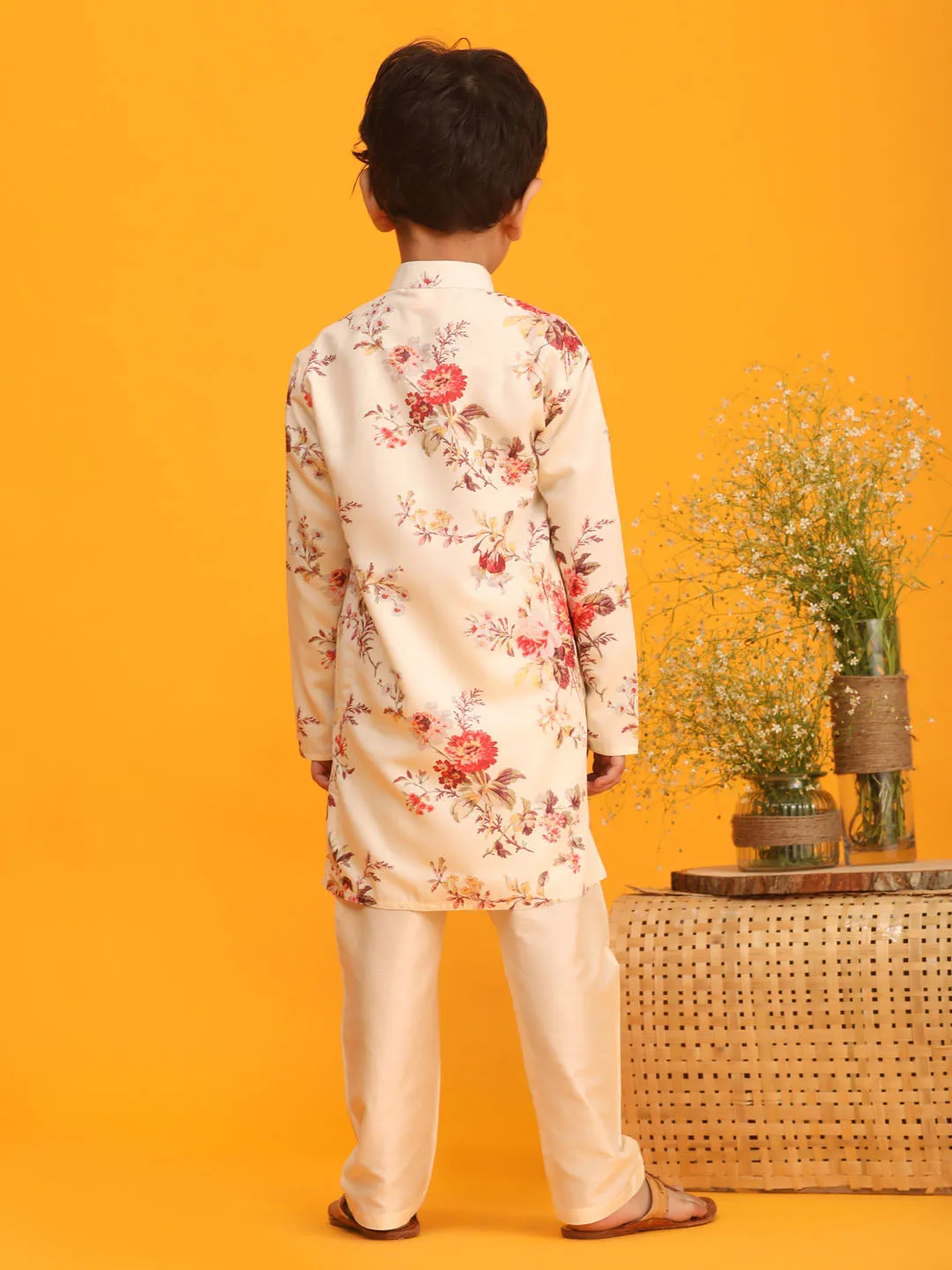 Jashvi Cream Cotton Blend Floral Print Kurta Pyjama Sibling Set
