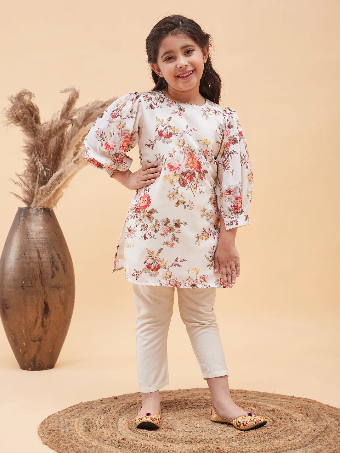 Jashvi Cream Cotton Blend Floral Print Kurta Pyjama Sibling Set