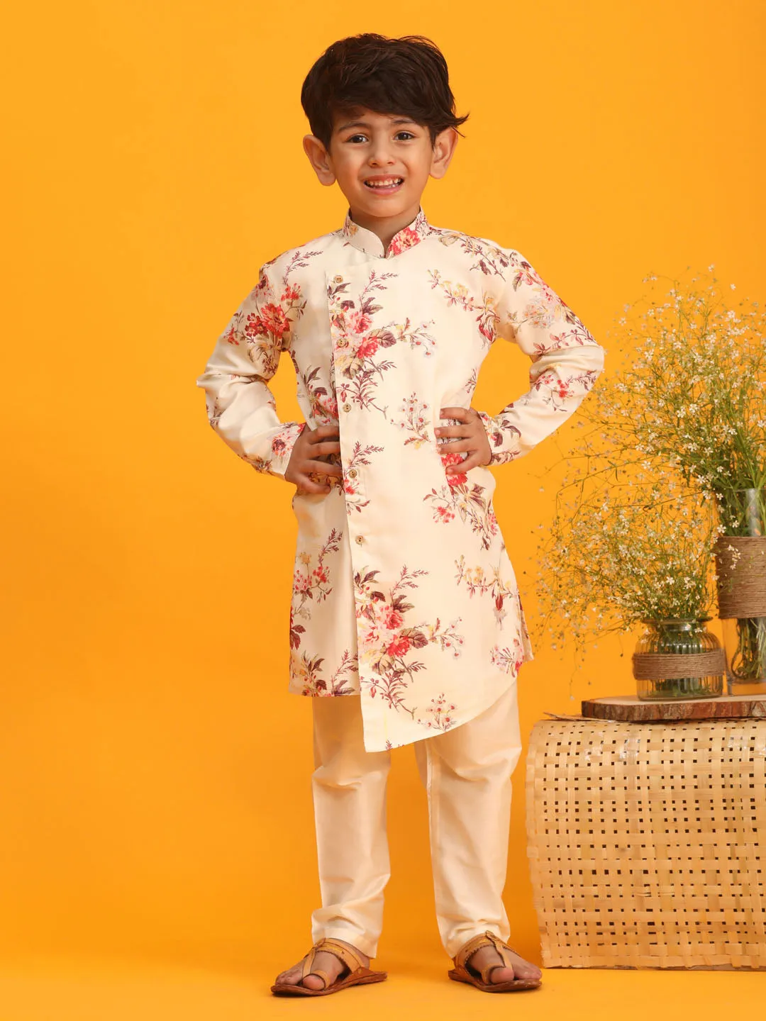 Jashvi Cream Cotton Blend Floral Print Kurta Pyjama Sibling Set