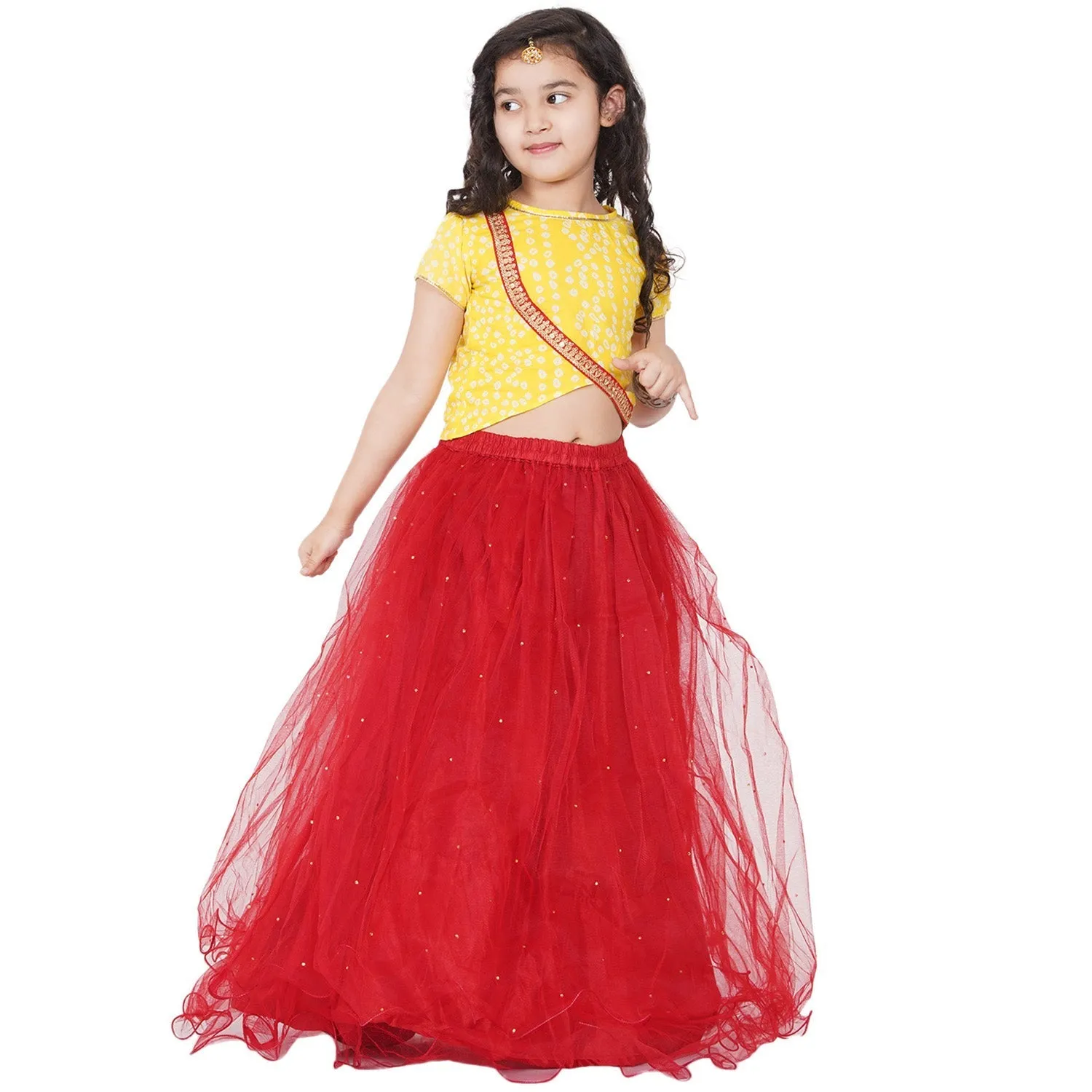 Jashvi  Girls Yellow & Red Printed Ready to Wear Lehenga Choli