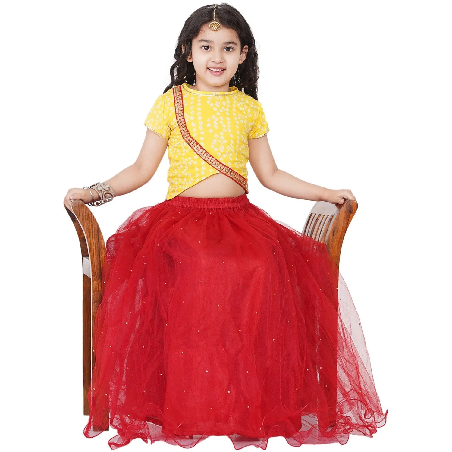 Jashvi  Girls Yellow & Red Printed Ready to Wear Lehenga Choli