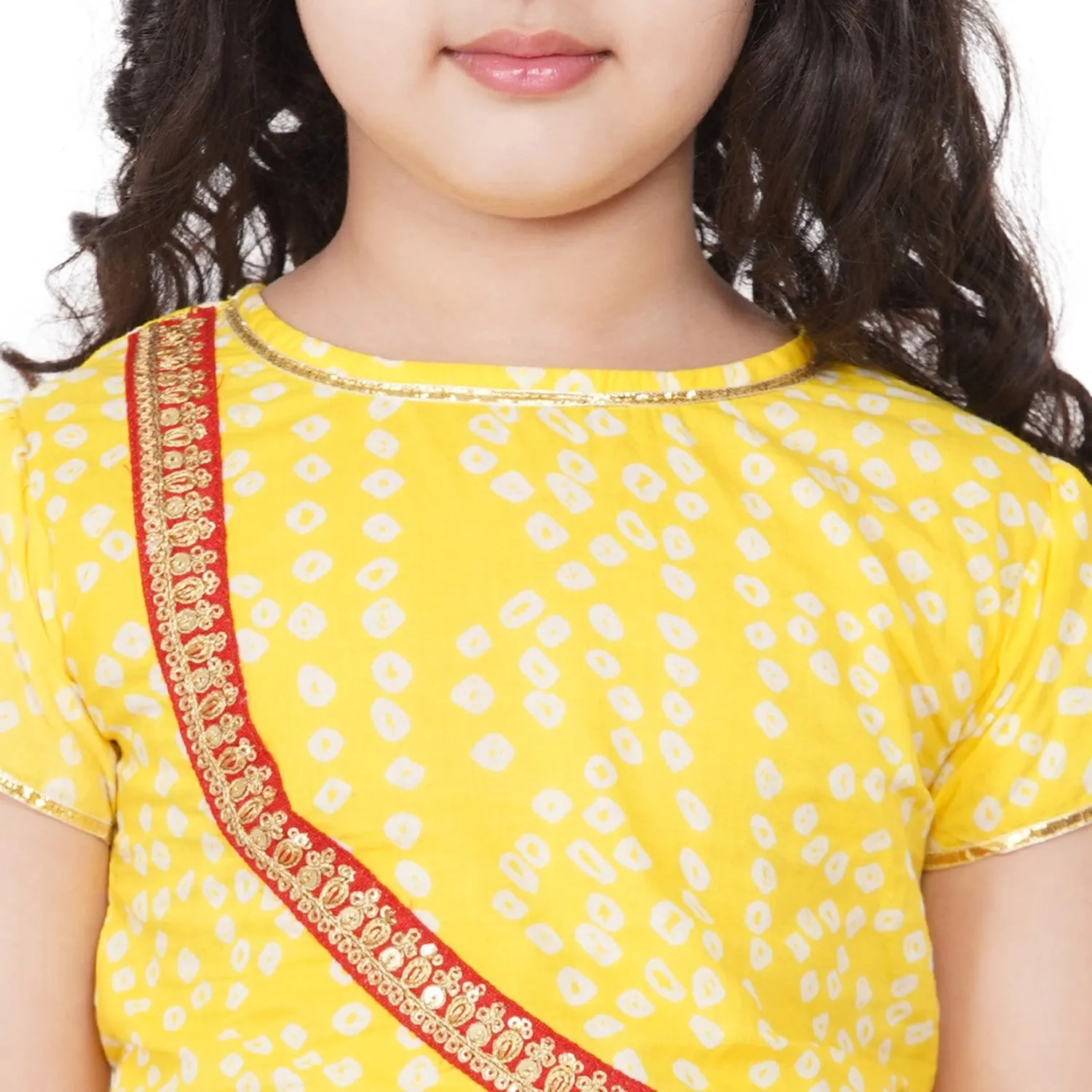 Jashvi  Girls Yellow & Red Printed Ready to Wear Lehenga Choli