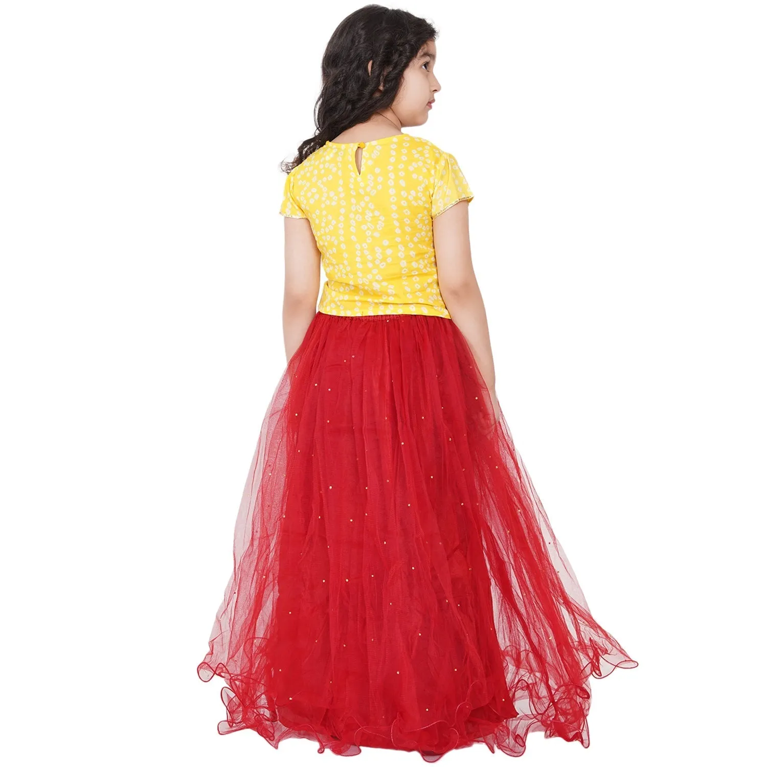 Jashvi  Girls Yellow & Red Printed Ready to Wear Lehenga Choli