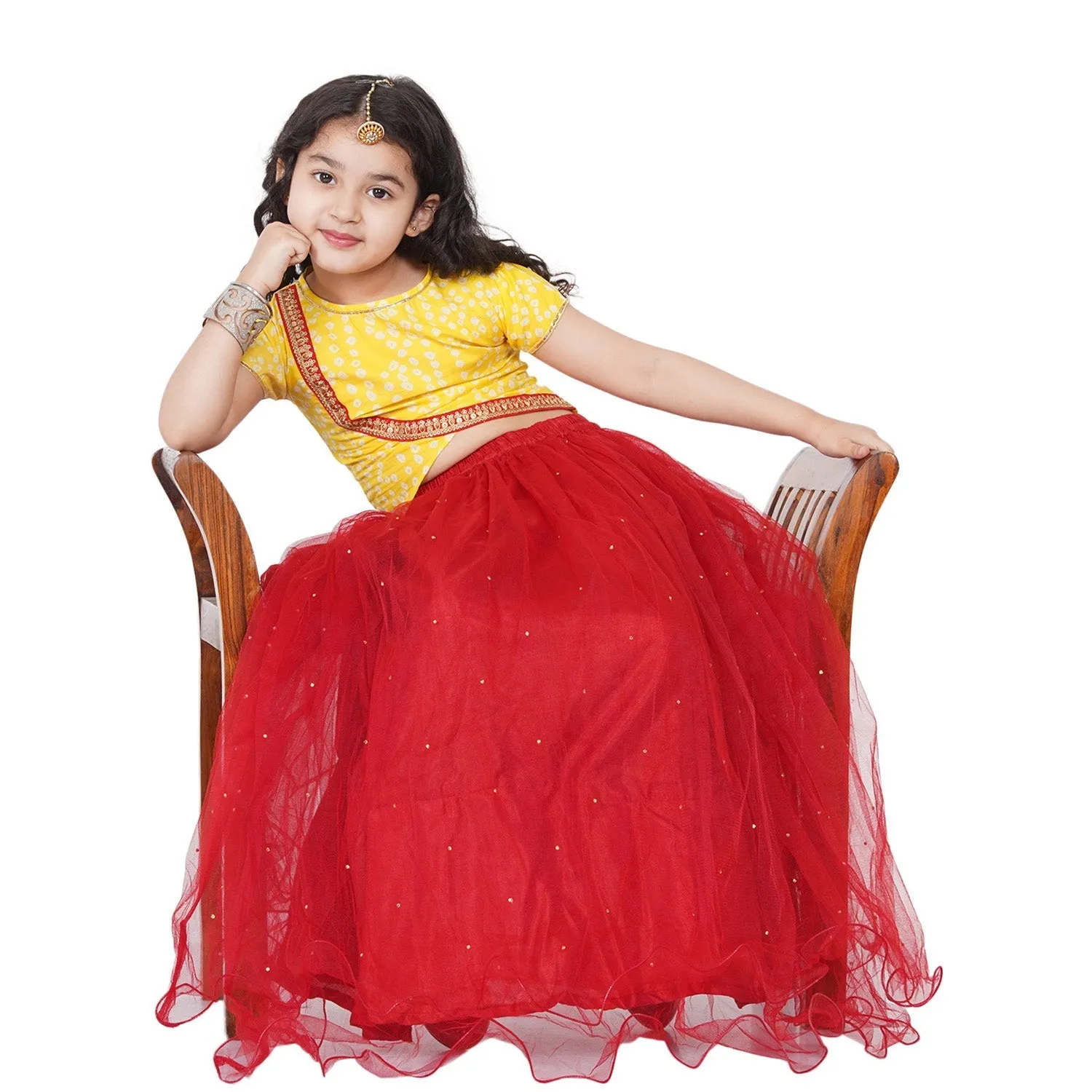 Jashvi  Girls Yellow & Red Printed Ready to Wear Lehenga Choli