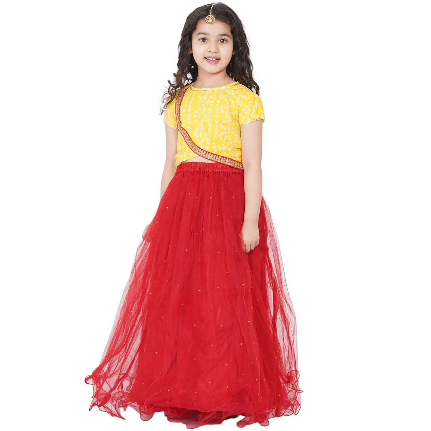 Jashvi  Girls Yellow & Red Printed Ready to Wear Lehenga Choli