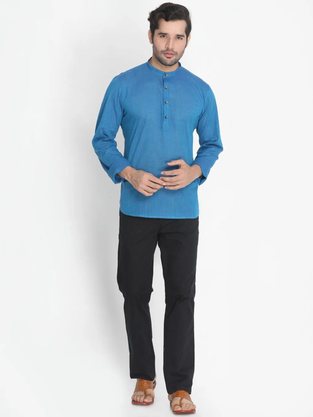 Jashvi Men's Blue Pure Cotton Short Kurta