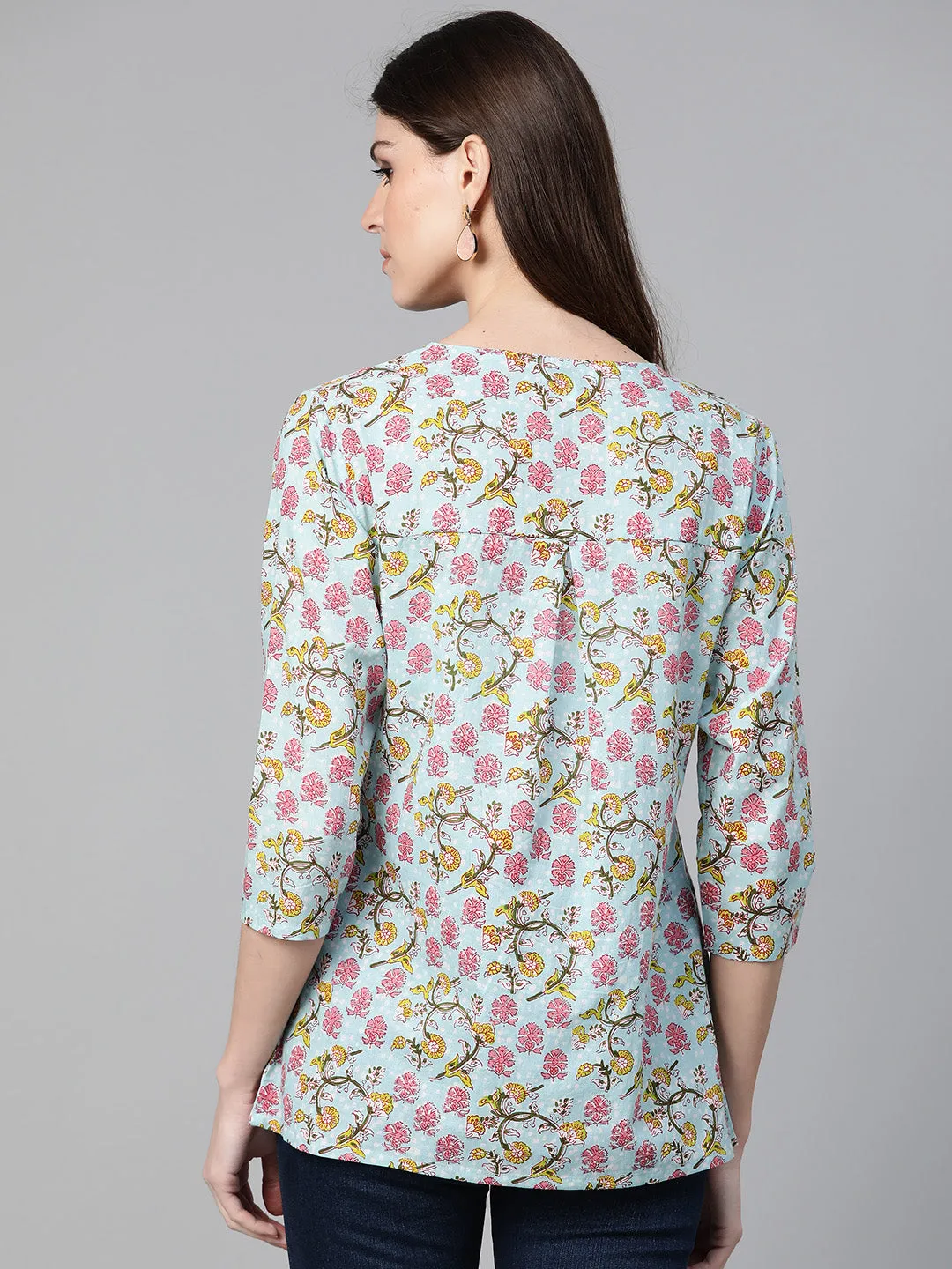 Jashvi Women Blue & Pink Floral Print A-Line Pure Cotton Top