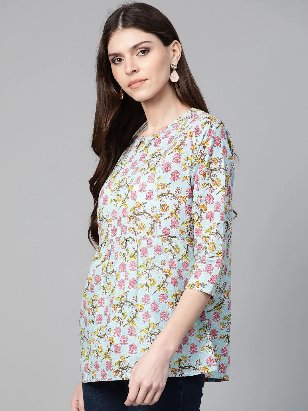Jashvi Women Blue & Pink Floral Print A-Line Pure Cotton Top