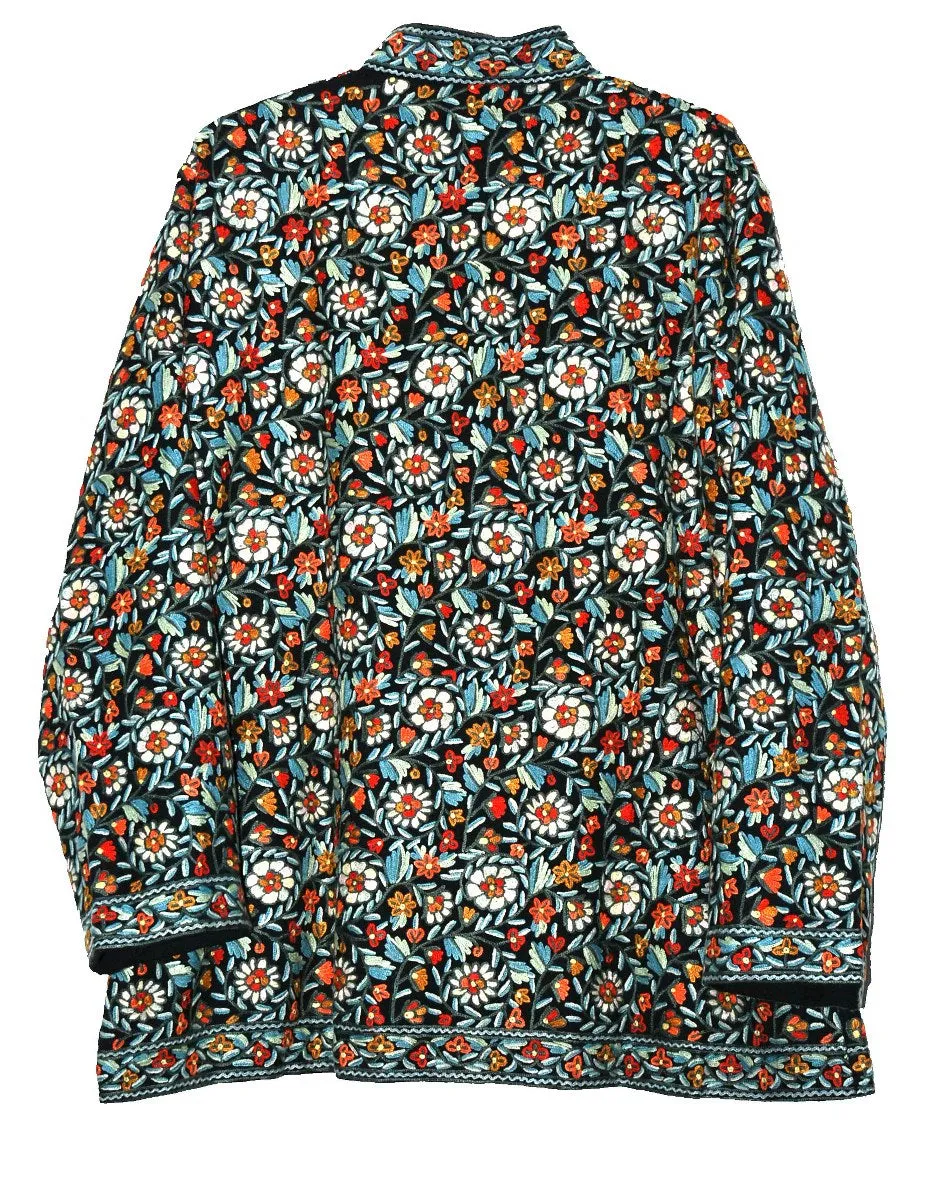 Kashmiri Woolen Jacket Black, Multicolor Embroidery #AO-035