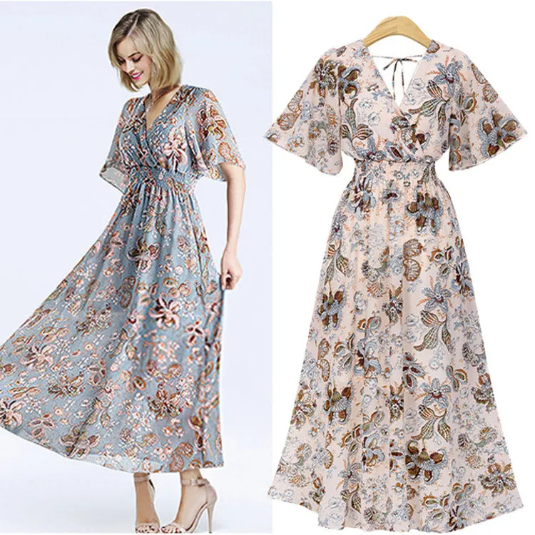 Large dress new Bohemian print slim Short Sleeve Dress