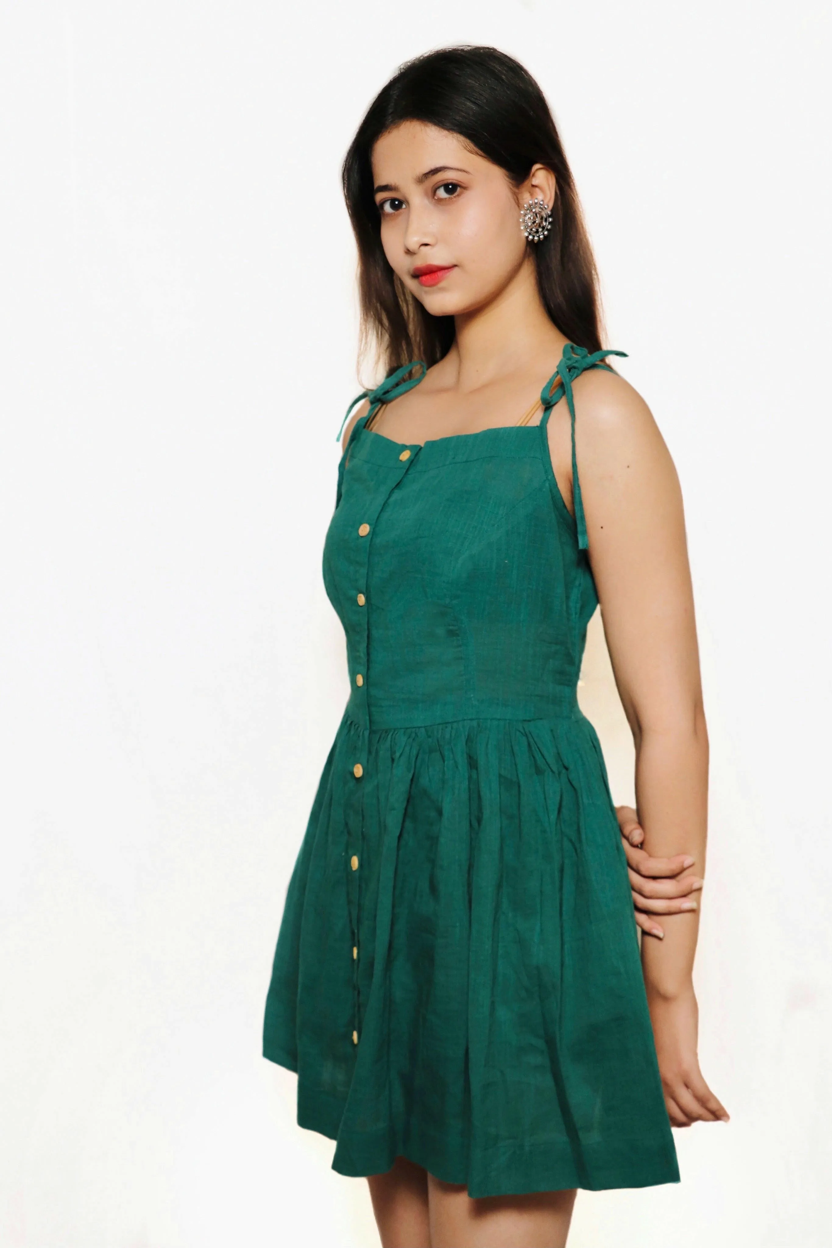 LEAFY GREEN COTTON SHORT DRESS