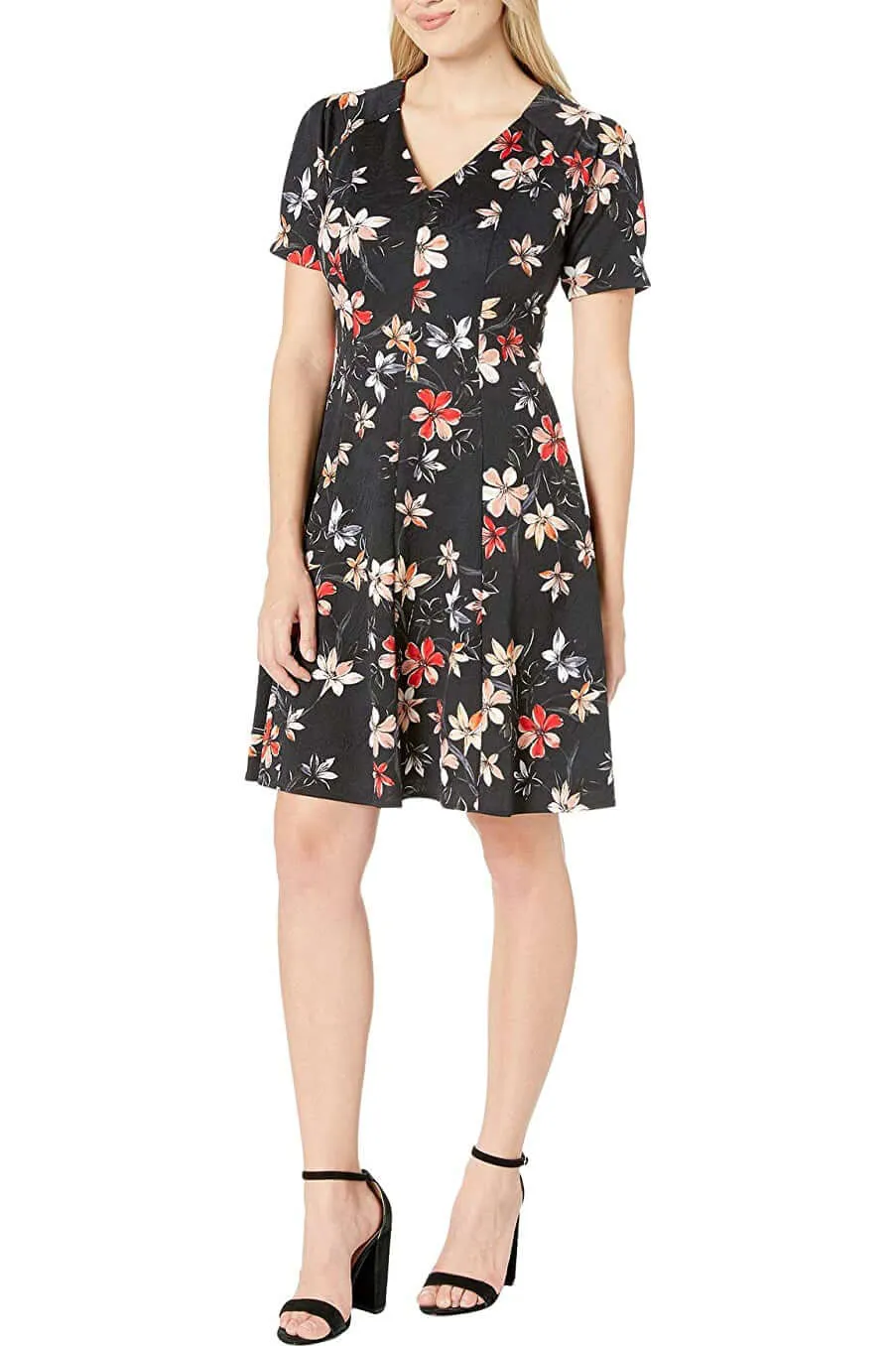 London Times V-Neck Short Sleeve Zipper Back Floral Print Jacquard Dress