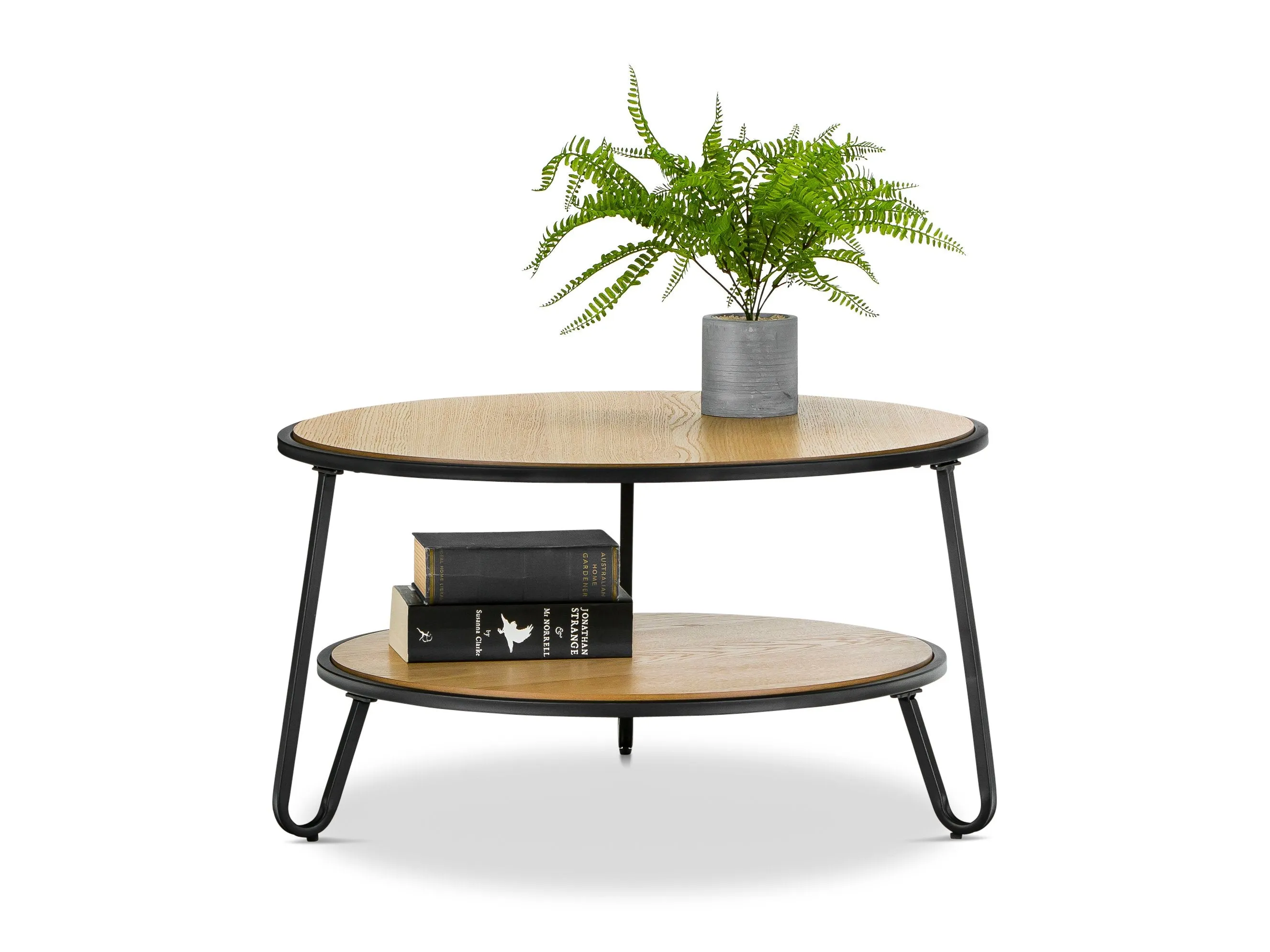 Marcelle 74cm Round Coffee Table - Light Oak Top Black Frame
