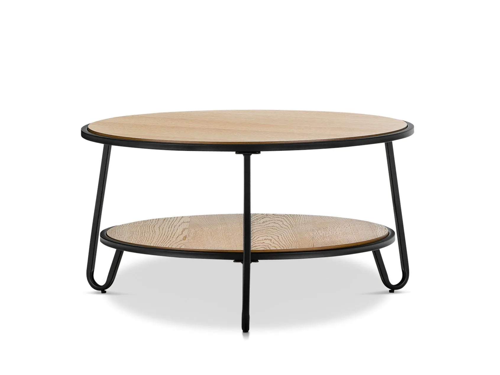 Marcelle 74cm Round Coffee Table - Light Oak Top Black Frame