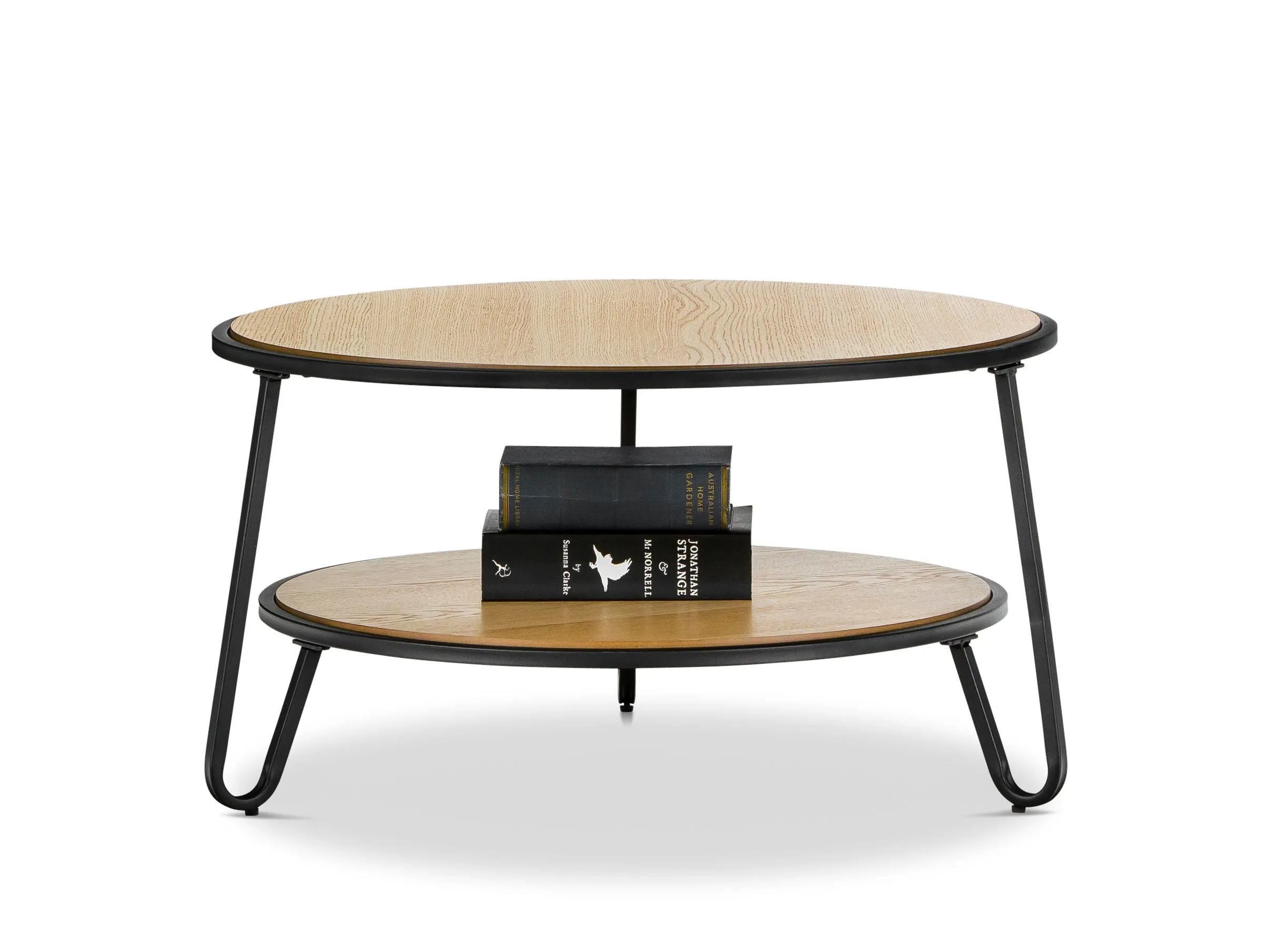 Marcelle 74cm Round Coffee Table - Light Oak Top Black Frame