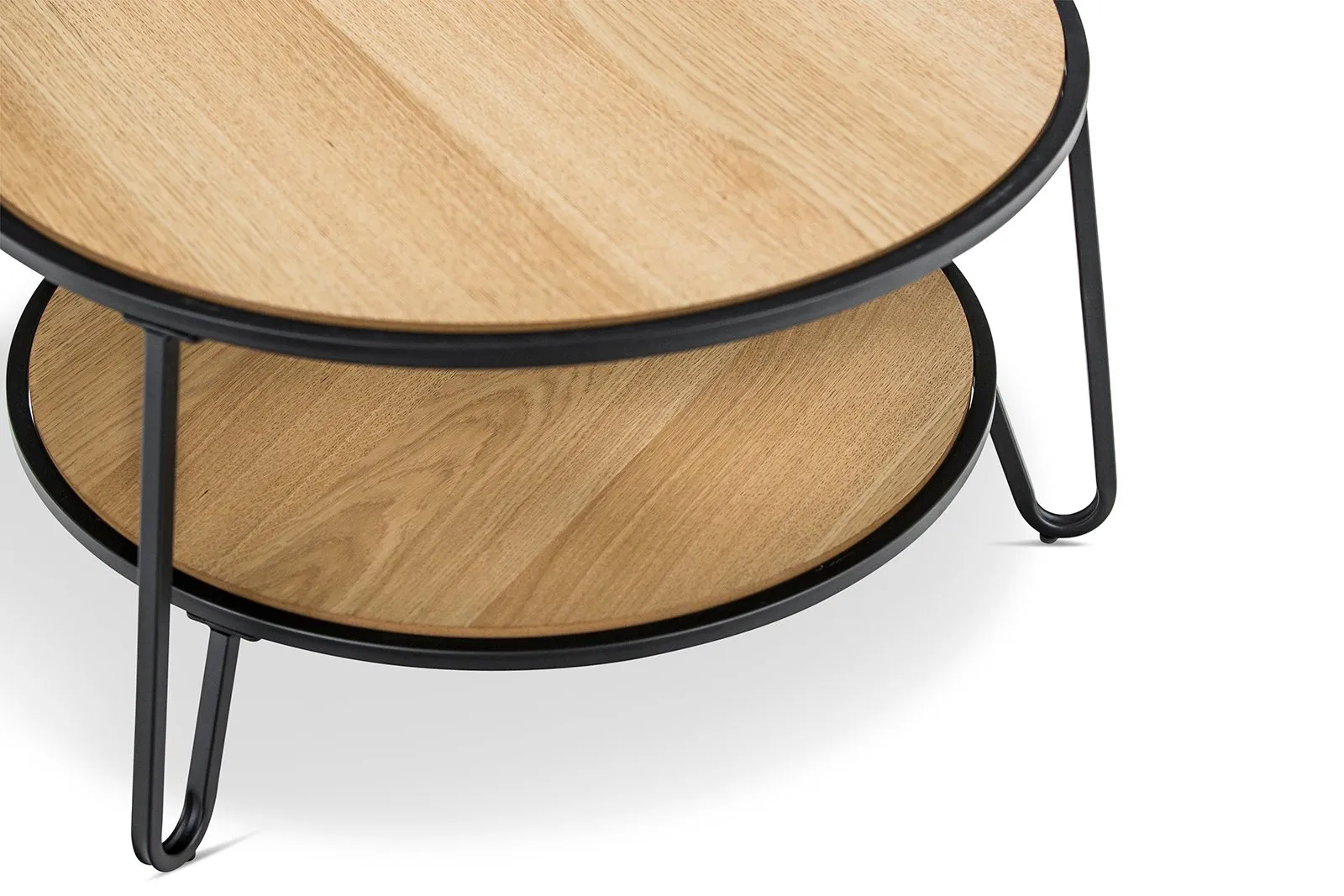 Marcelle 74cm Round Coffee Table - Light Oak Top Black Frame