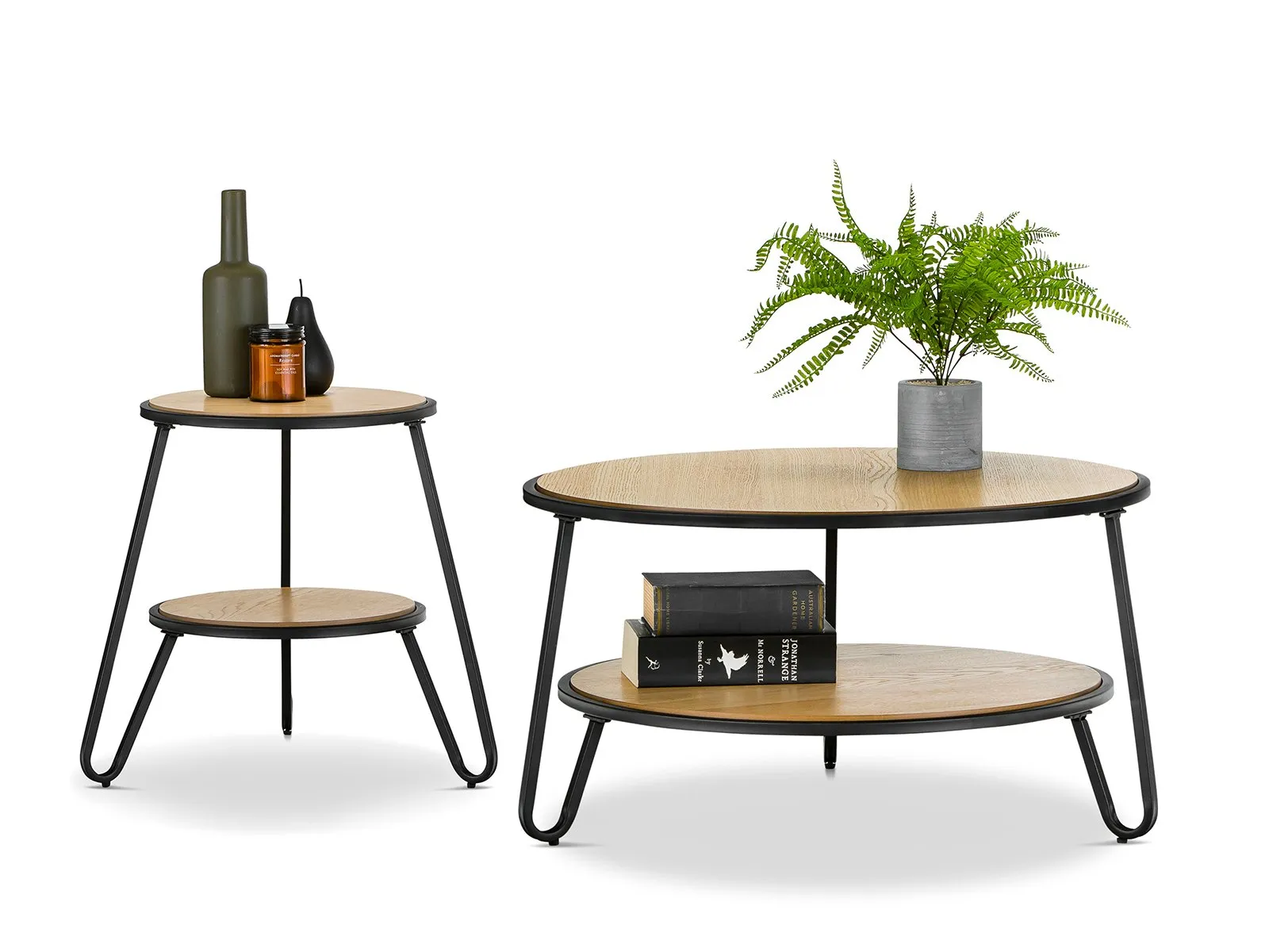 Marcelle 74cm Round Coffee Table - Light Oak Top Black Frame