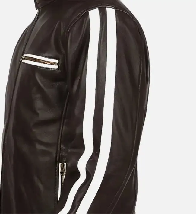 Men's White Stripe Brown Biker Leather Jacket