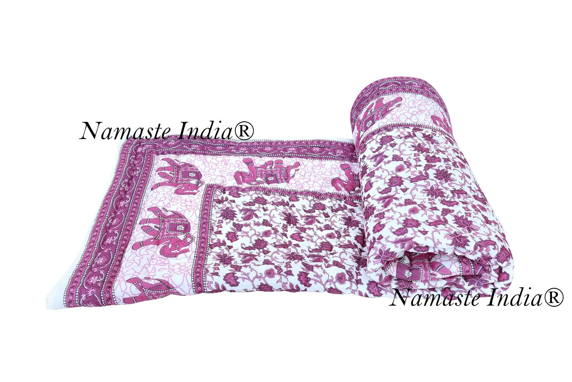 Namaste India Cotton Abstract Light Weight Jaipuri Razai Quilt (Pink , Single Bed)