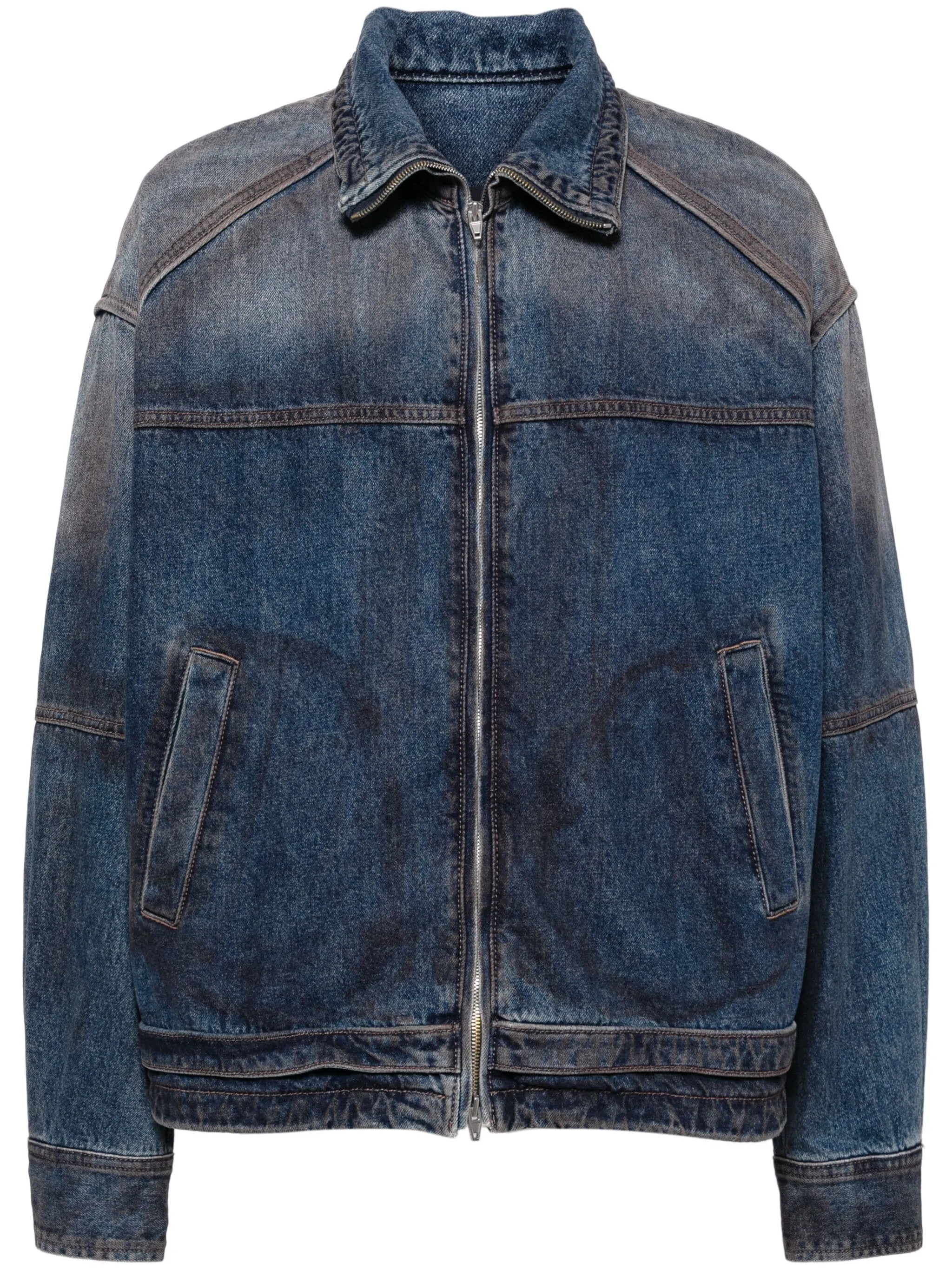 Oil-Washed Denim Zip-Up Shirt