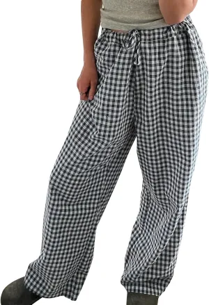 Owl's-Yard Women Y2K Gingham Print Pants Elastic Waist Dreawstring Wide Leg Trousers Striped Casual Lounge Pants with Pockets