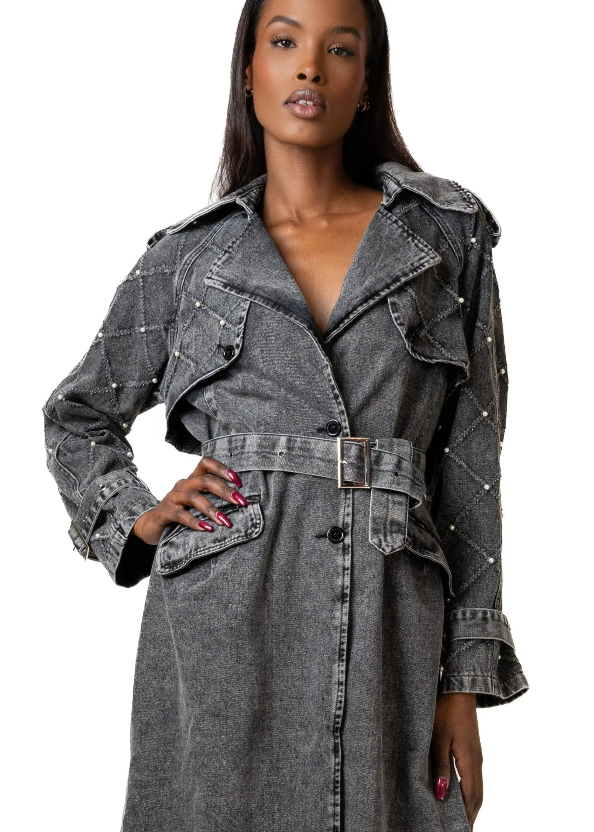 Pearl Embellished Denim Trench