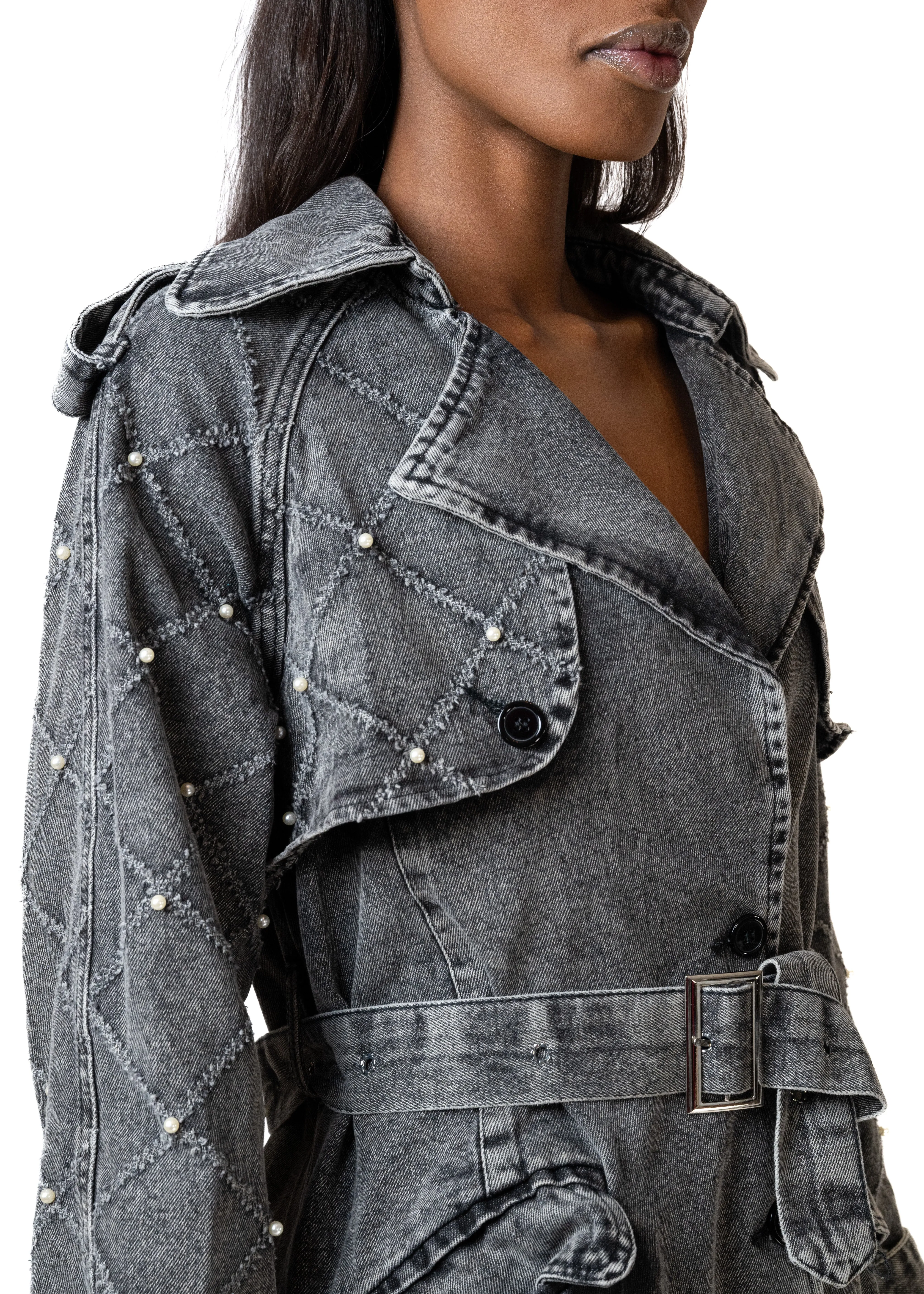 Pearl Embellished Denim Trench
