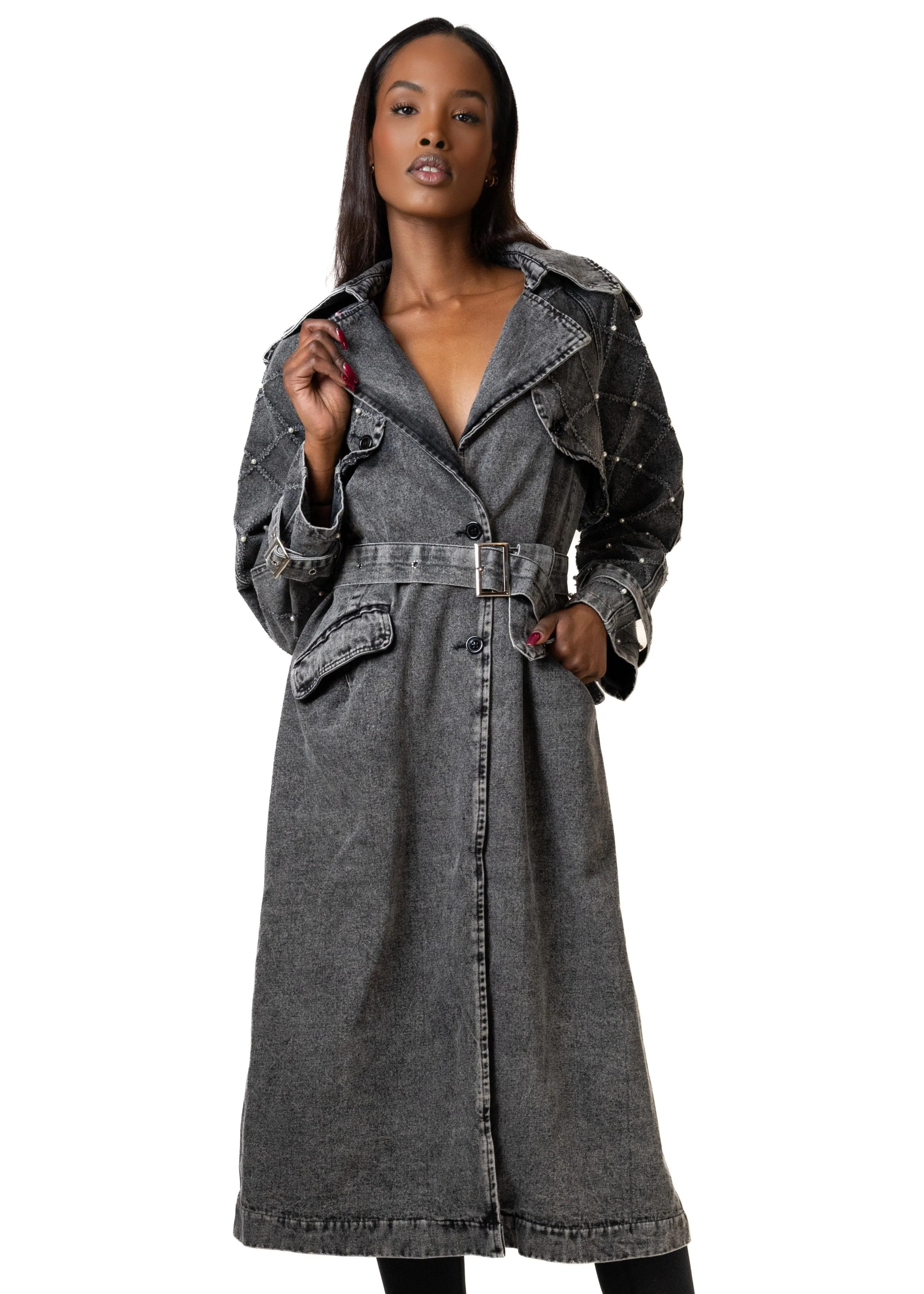 Pearl Embellished Denim Trench