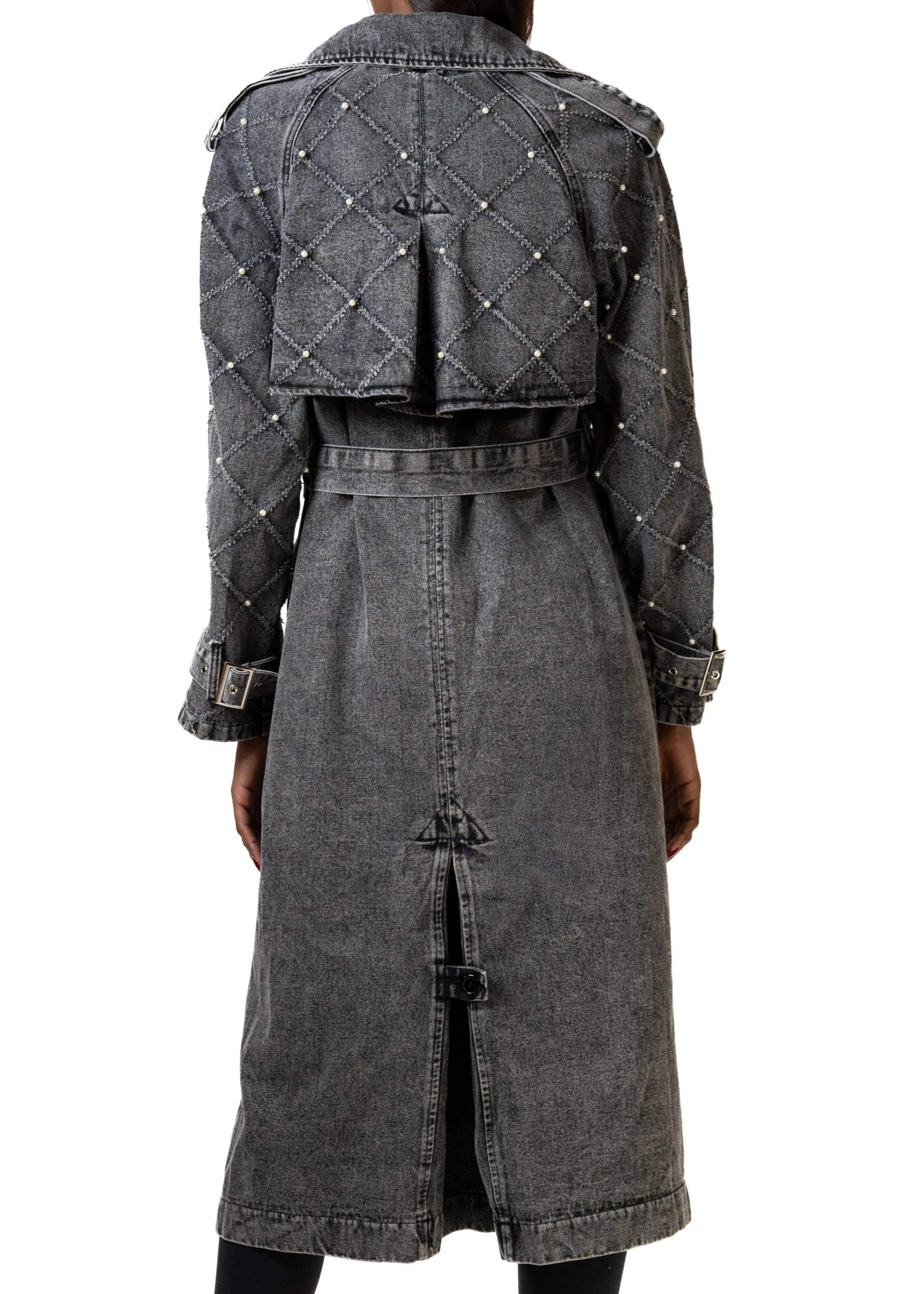 Pearl Embellished Denim Trench