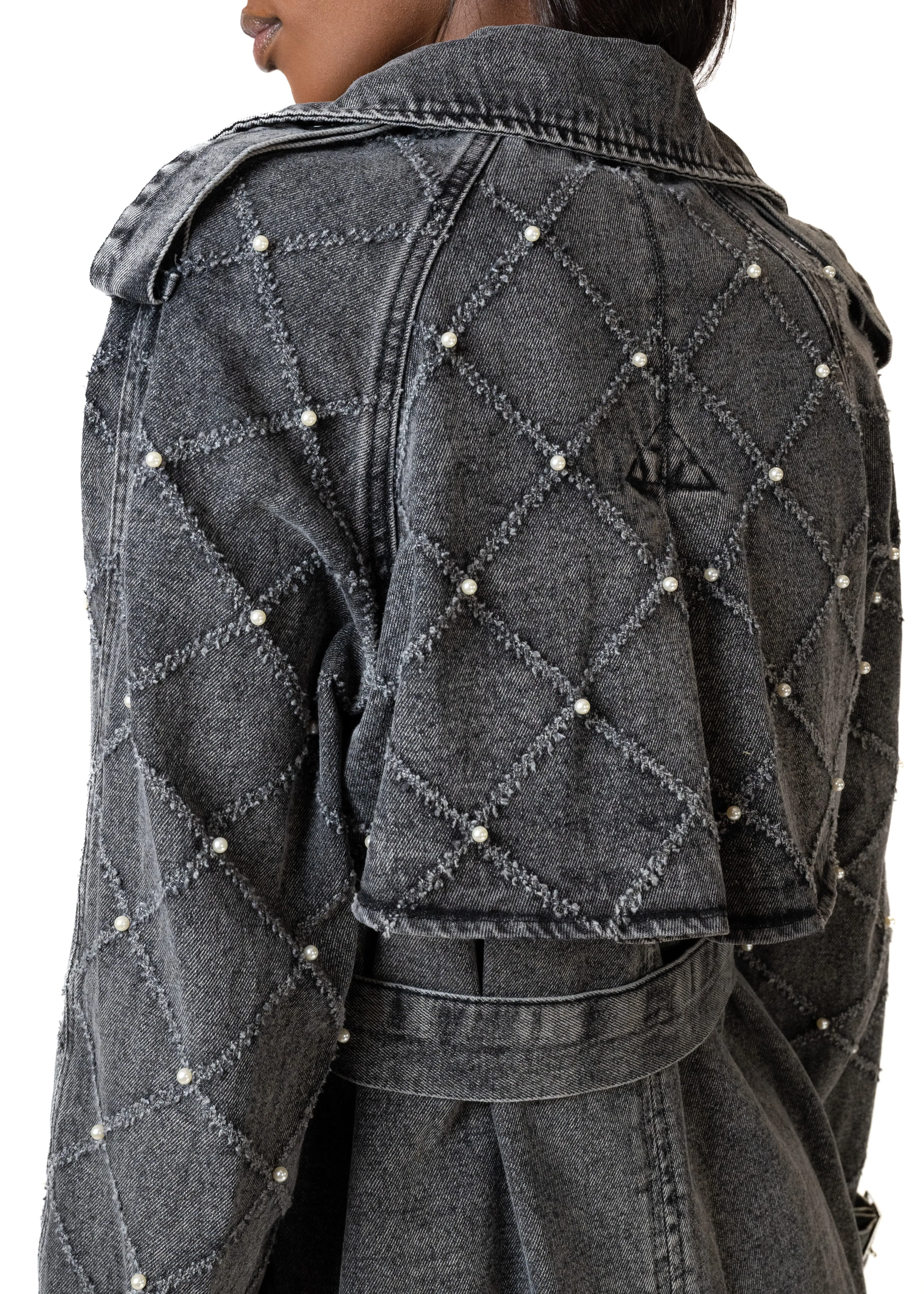 Pearl Embellished Denim Trench