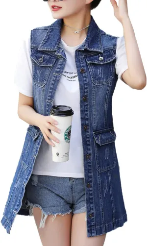 PEHMEA Women's Retro Button Up Sleeveless Mid Long Ripped Denim Jean Vest Waistcoat