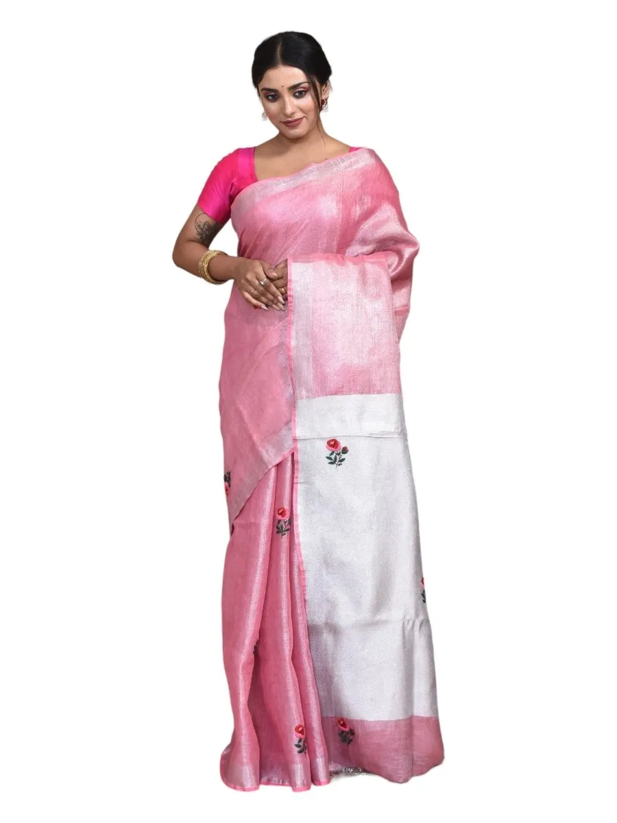 Pink Silver Linen Saree with Rose Design Hand Embroidery
