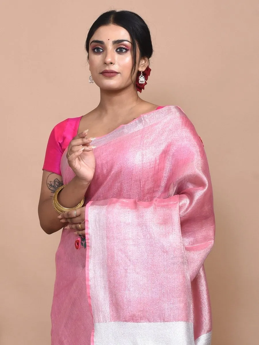 Pink Silver Linen Saree with Rose Design Hand Embroidery