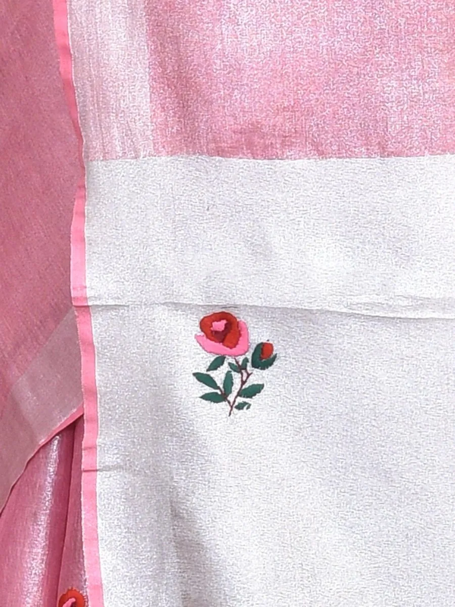 Pink Silver Linen Saree with Rose Design Hand Embroidery