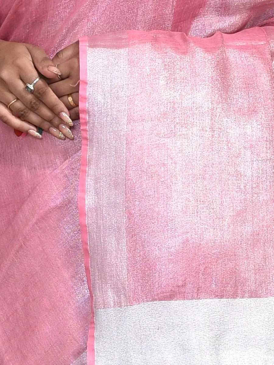 Pink Silver Linen Saree with Rose Design Hand Embroidery