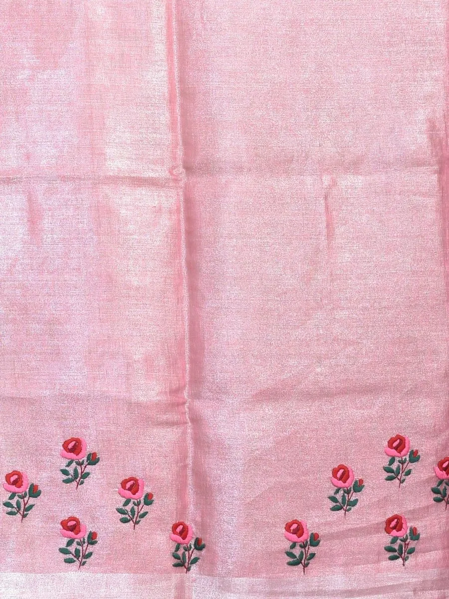 Pink Silver Linen Saree with Rose Design Hand Embroidery