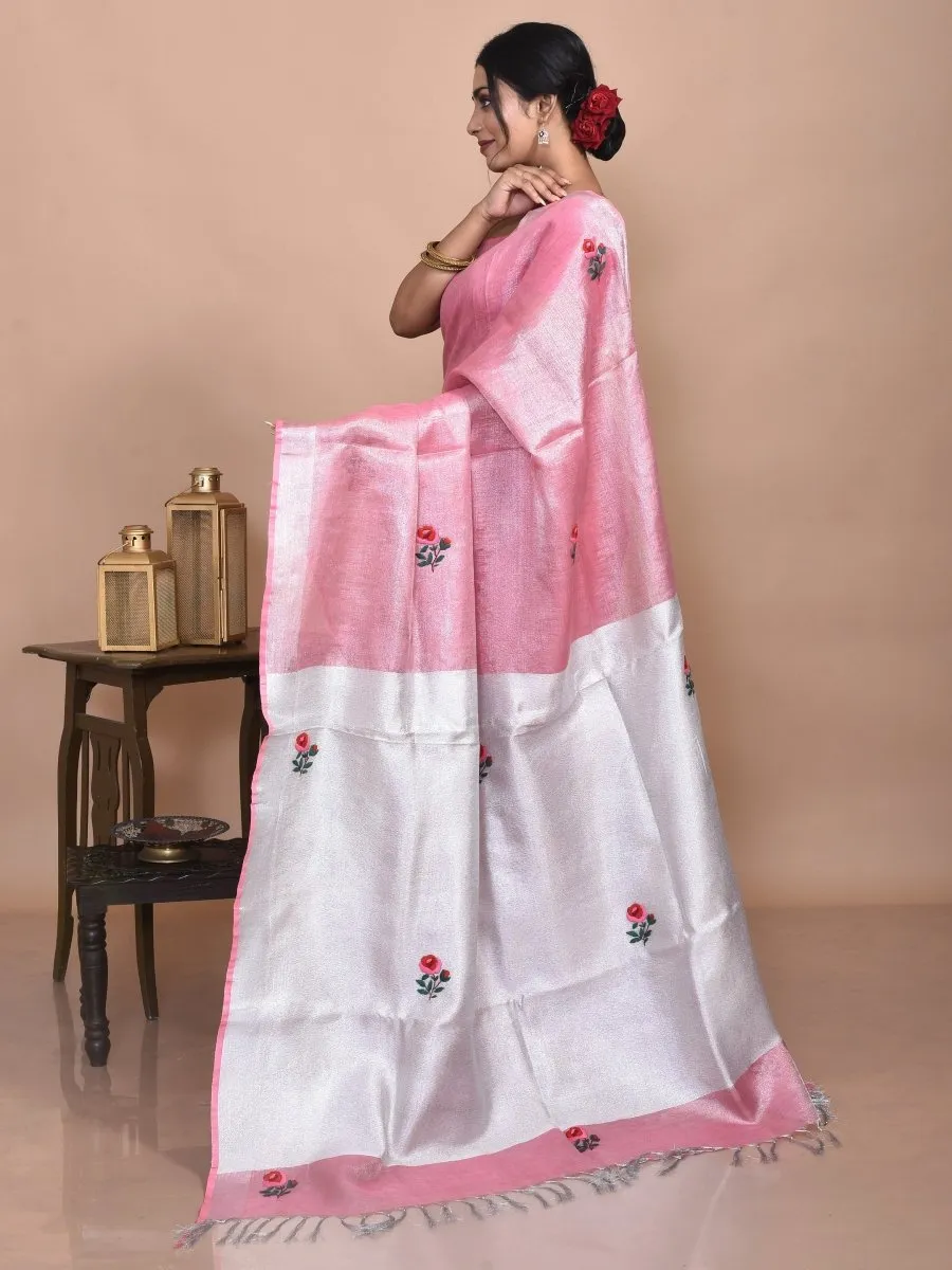 Pink Silver Linen Saree with Rose Design Hand Embroidery