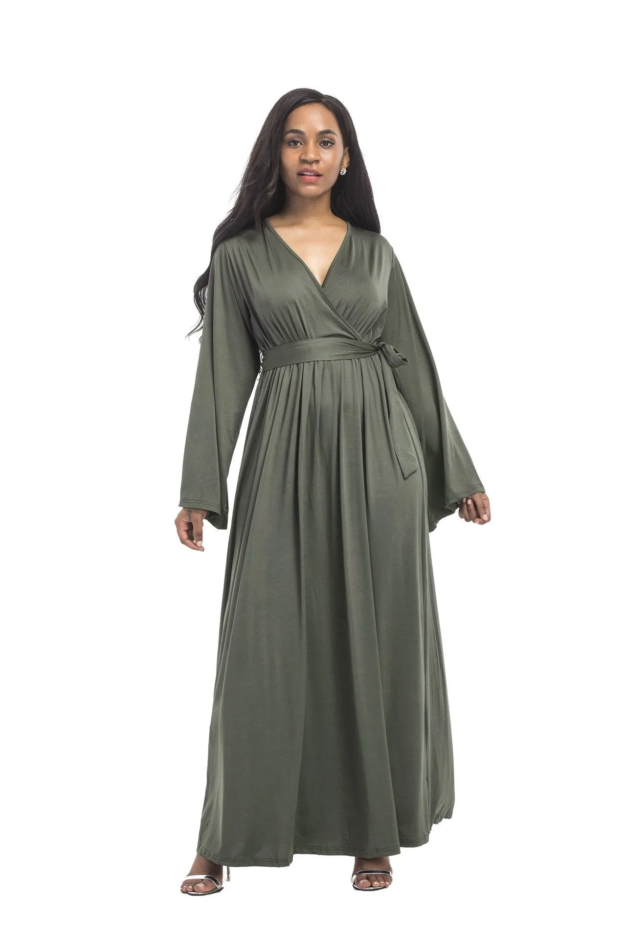 Plus size dress irregular personality solid color sexy long-sleeved deep V women s evening dress colored optional