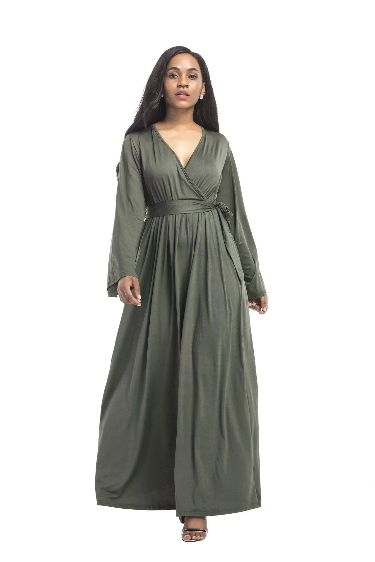 Plus size dress irregular personality solid color sexy long-sleeved deep V women s evening dress colored optional
