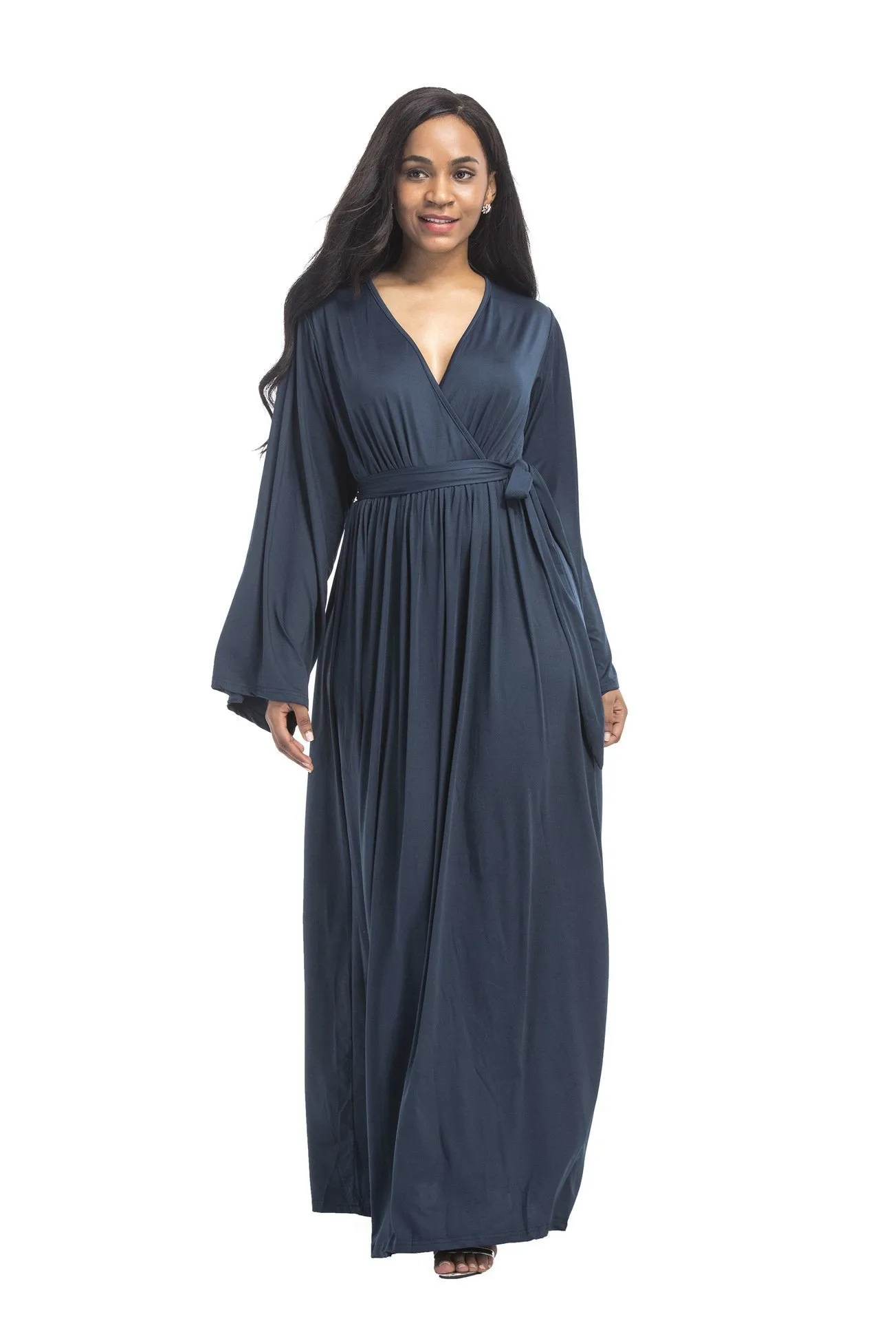 Plus size dress irregular personality solid color sexy long-sleeved deep V women s evening dress colored optional