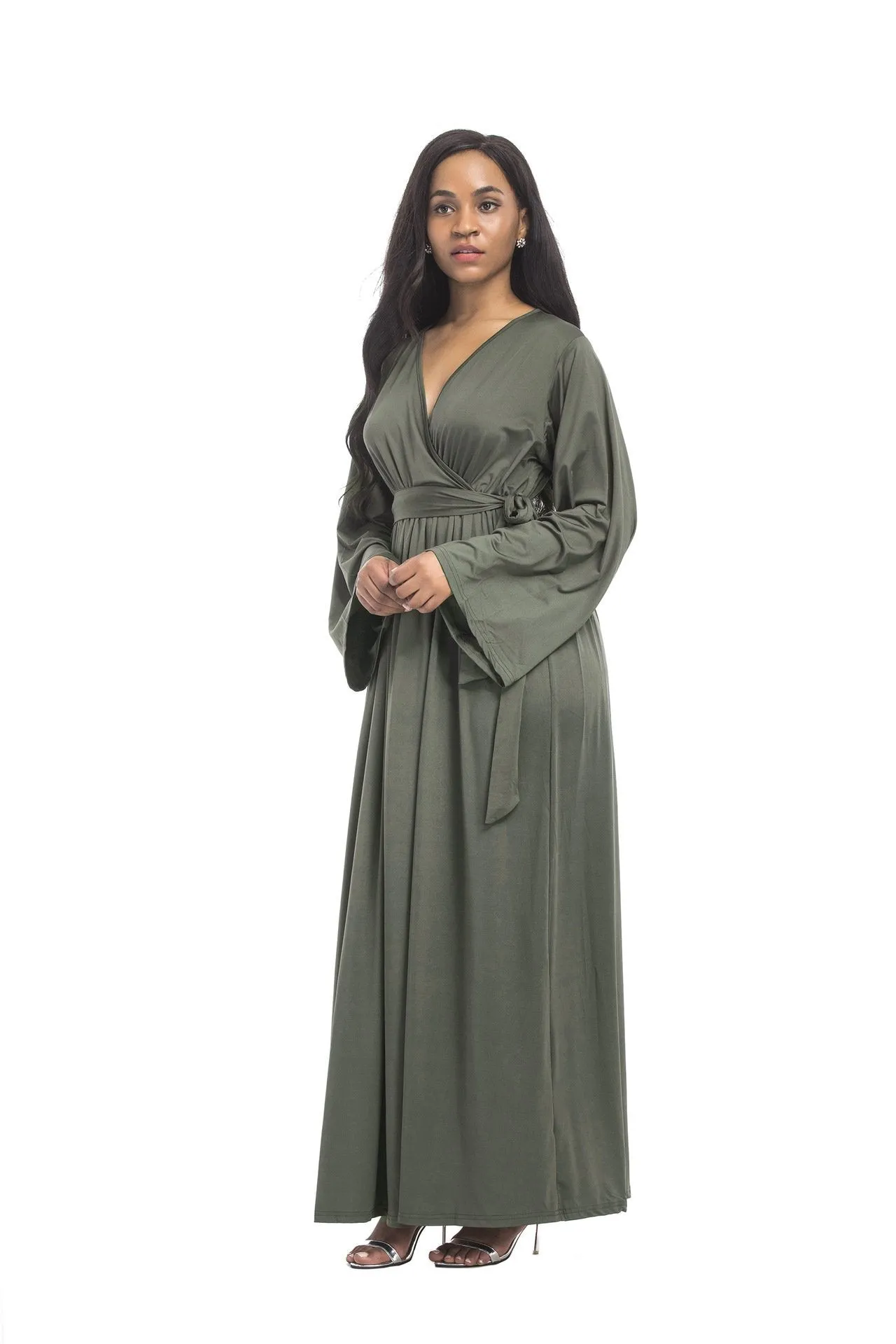 Plus size dress irregular personality solid color sexy long-sleeved deep V women s evening dress colored optional