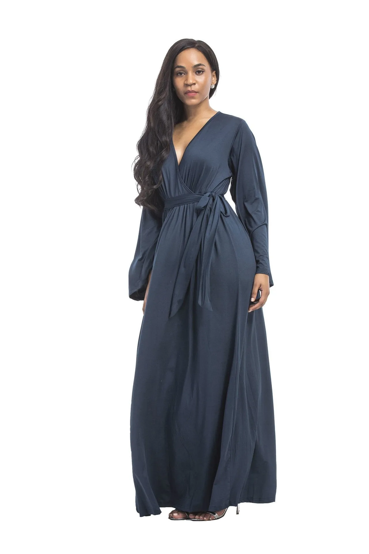 Plus size dress irregular personality solid color sexy long-sleeved deep V women s evening dress colored optional