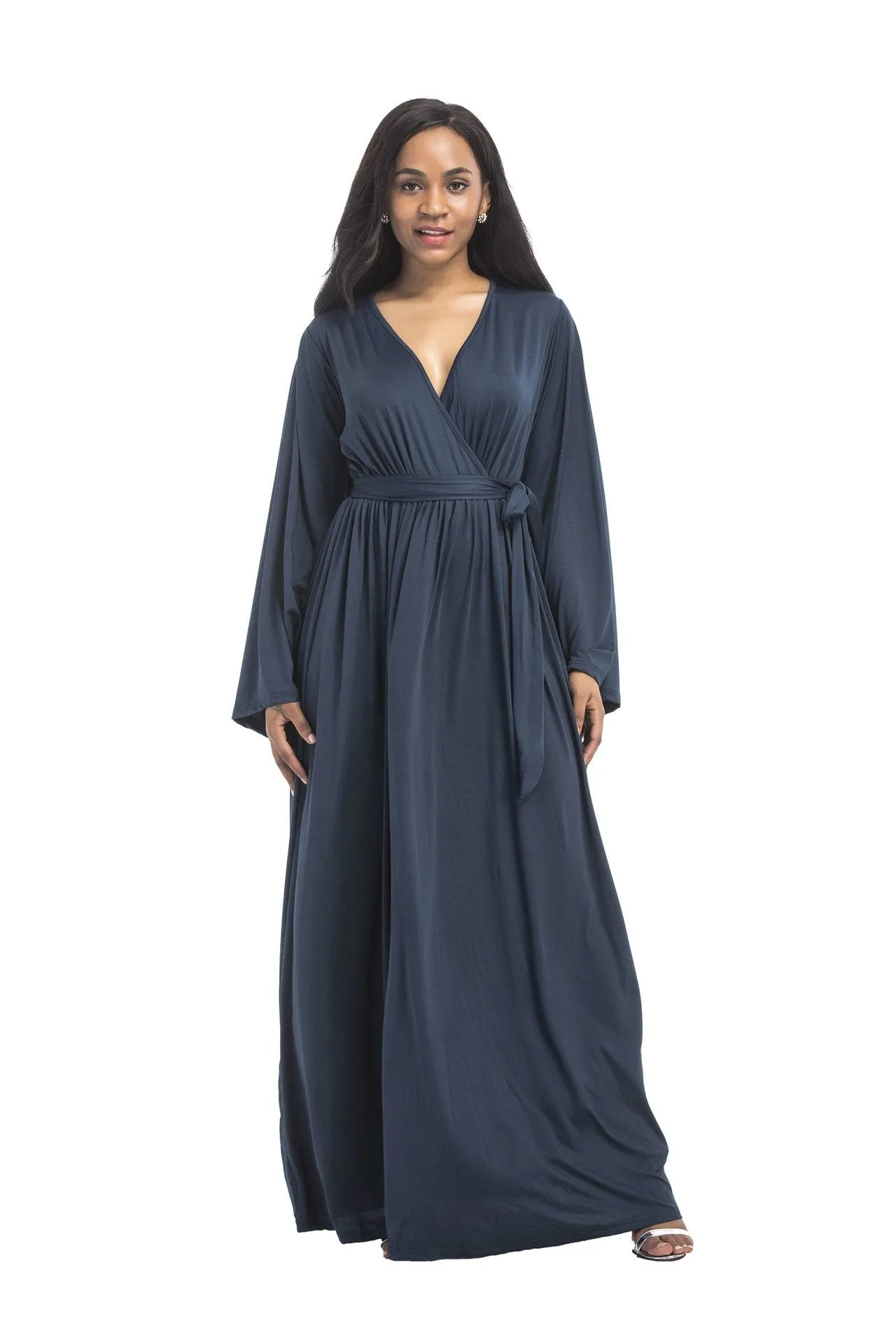 Plus size dress irregular personality solid color sexy long-sleeved deep V women s evening dress colored optional