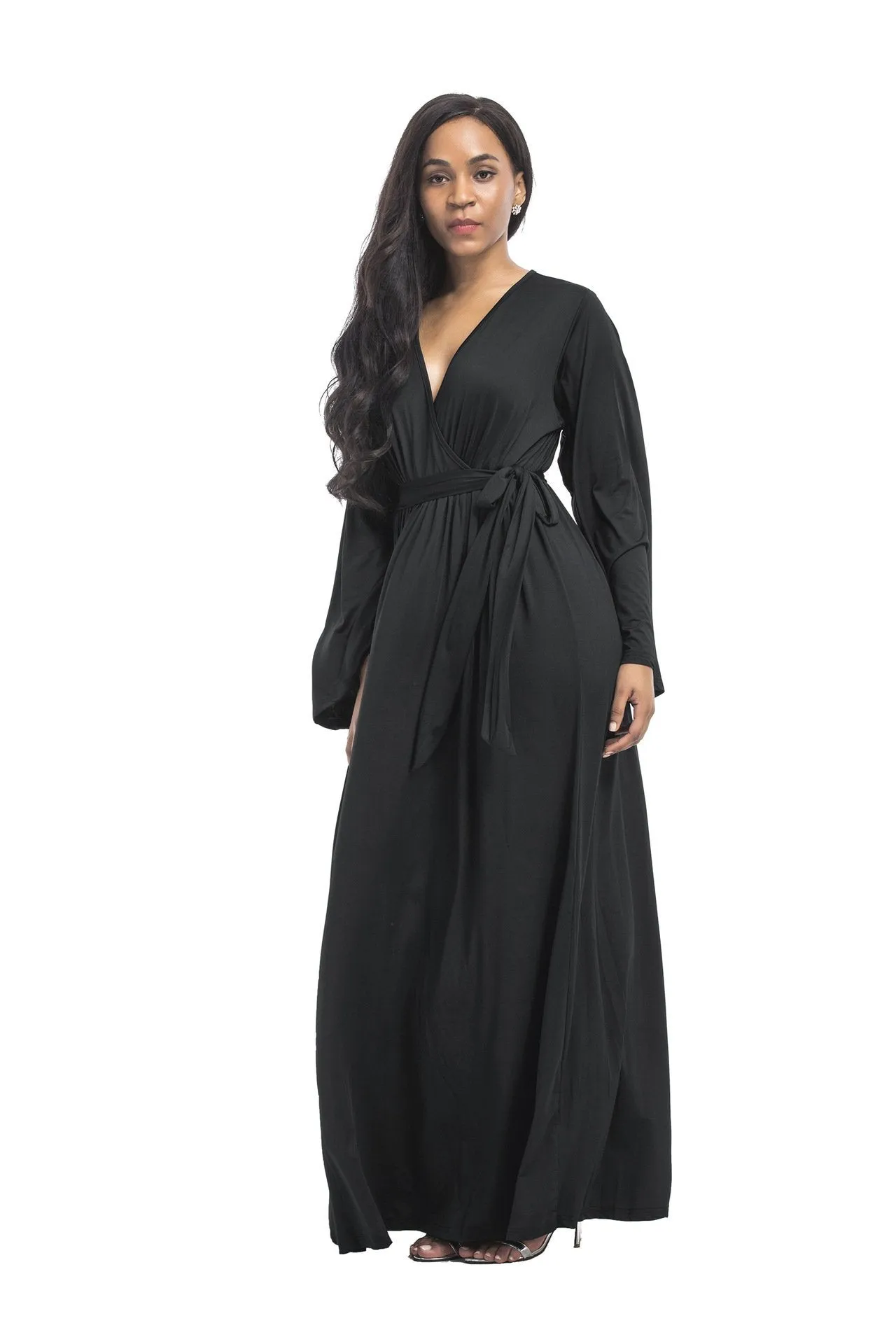 Plus size dress irregular personality solid color sexy long-sleeved deep V women s evening dress colored optional