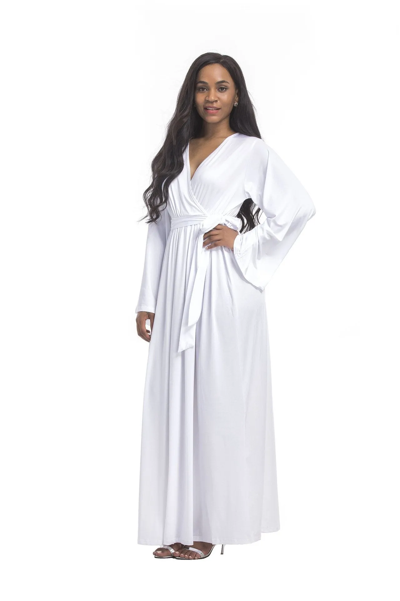 Plus size dress irregular personality solid color sexy long-sleeved deep V women s evening dress colored optional