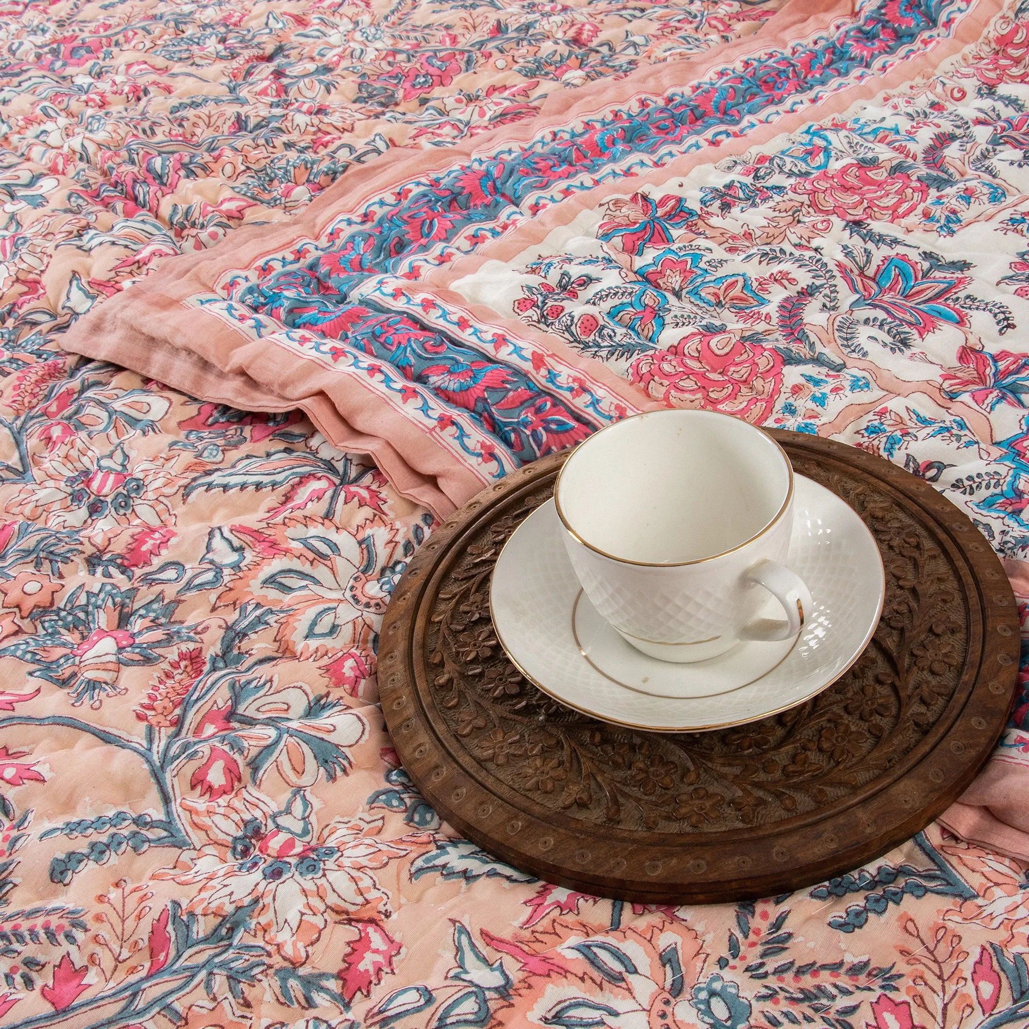 Premium Floral Print Pink Soft Mulmul Cotton Jaipuri Razai King Size
