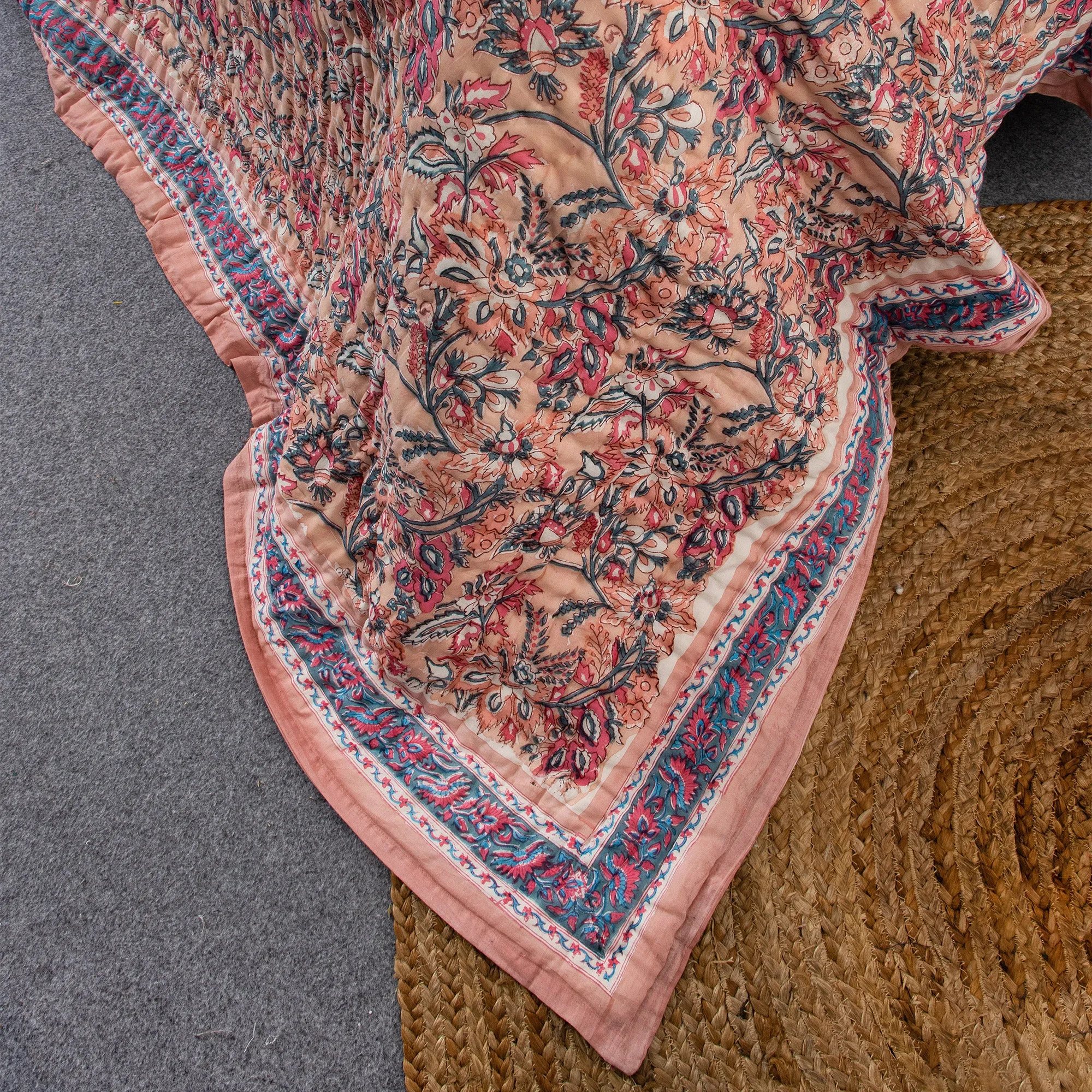 Premium Floral Print Pink Soft Mulmul Cotton Jaipuri Razai King Size