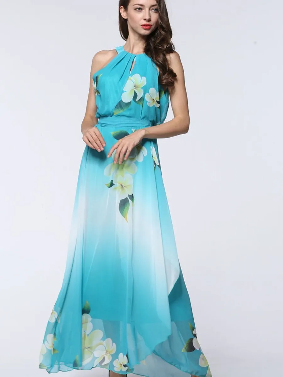 Pretty Sky Blue Floral Plus Size Sleeveless Halter Maxi Dress