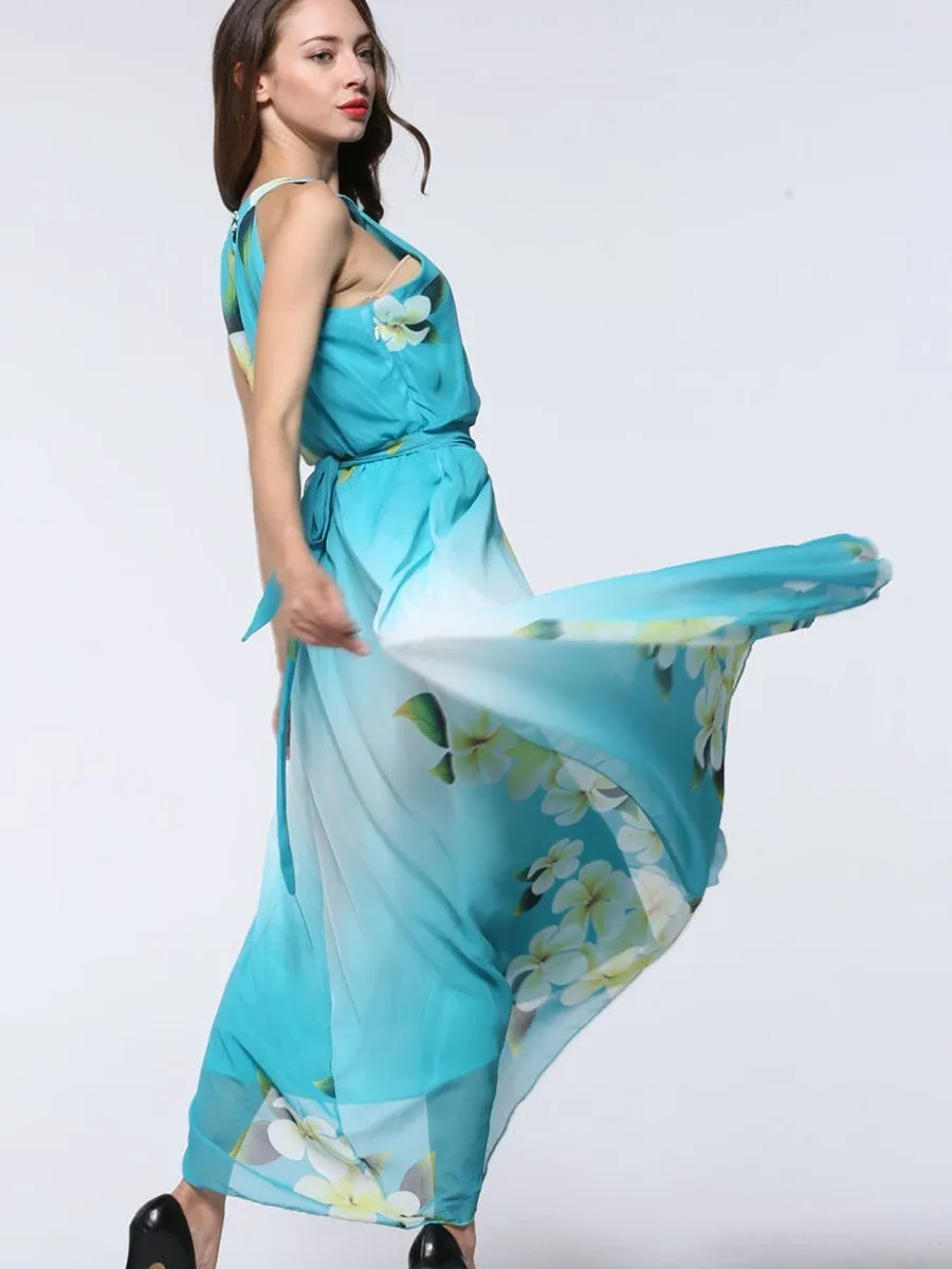 Pretty Sky Blue Floral Plus Size Sleeveless Halter Maxi Dress
