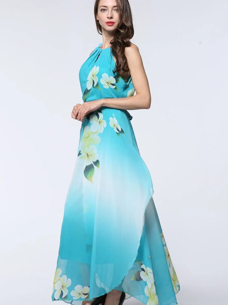 Pretty Sky Blue Floral Plus Size Sleeveless Halter Maxi Dress